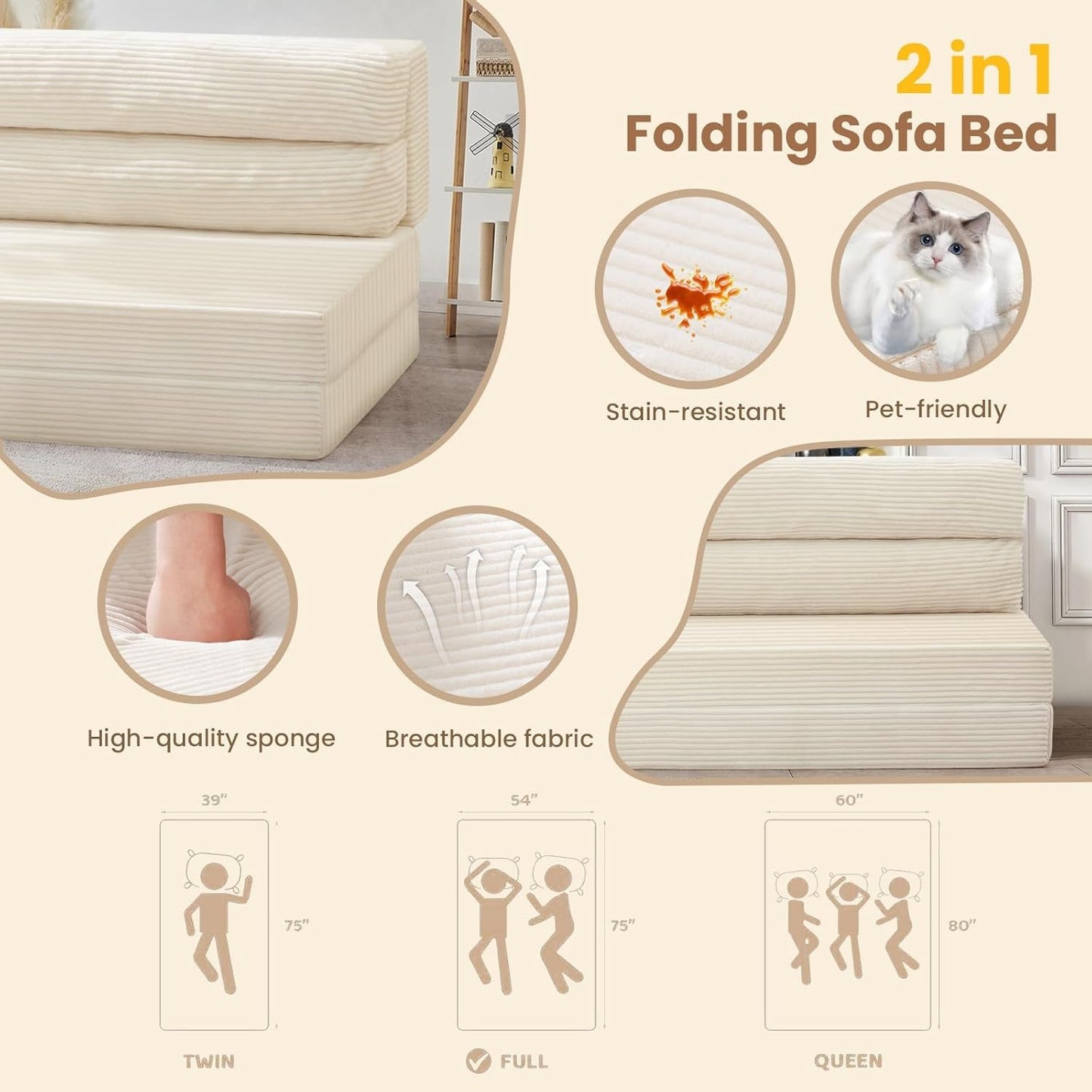 Corduroy Convertible Folding Sofa Bed With Mattress