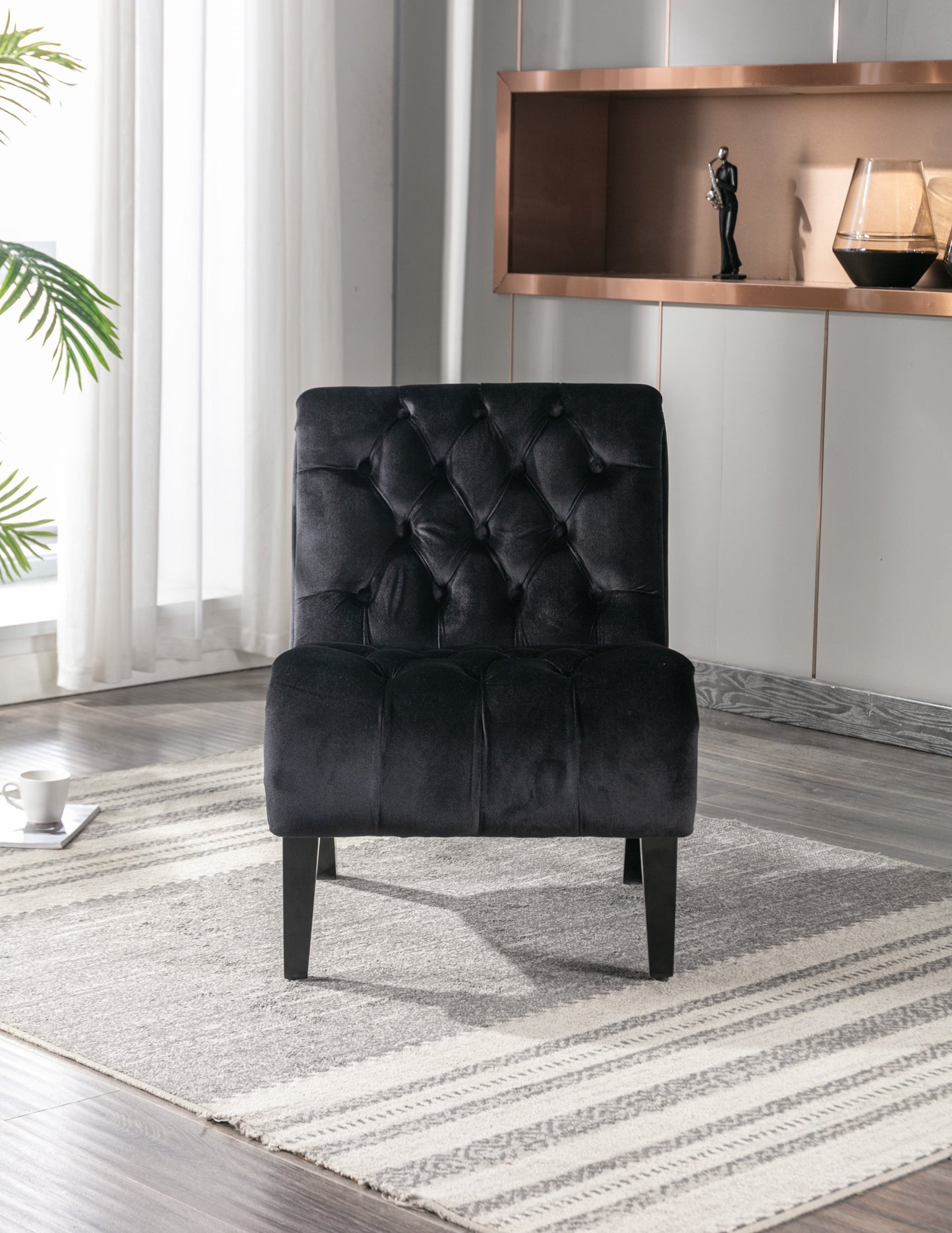 COOLMORE Modern Velvet Armless Accent Living Room Chair / Leisure Chair,Upholstered Fabric Button Comfortable Chair with Wooden Legs for Bedroom, Living Room, Office (Black Velvet)