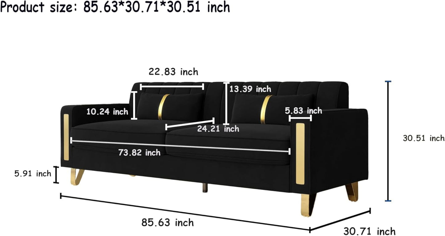 86-Inch Black Velvet Loveseat With Gold Metal Legs For Living Room