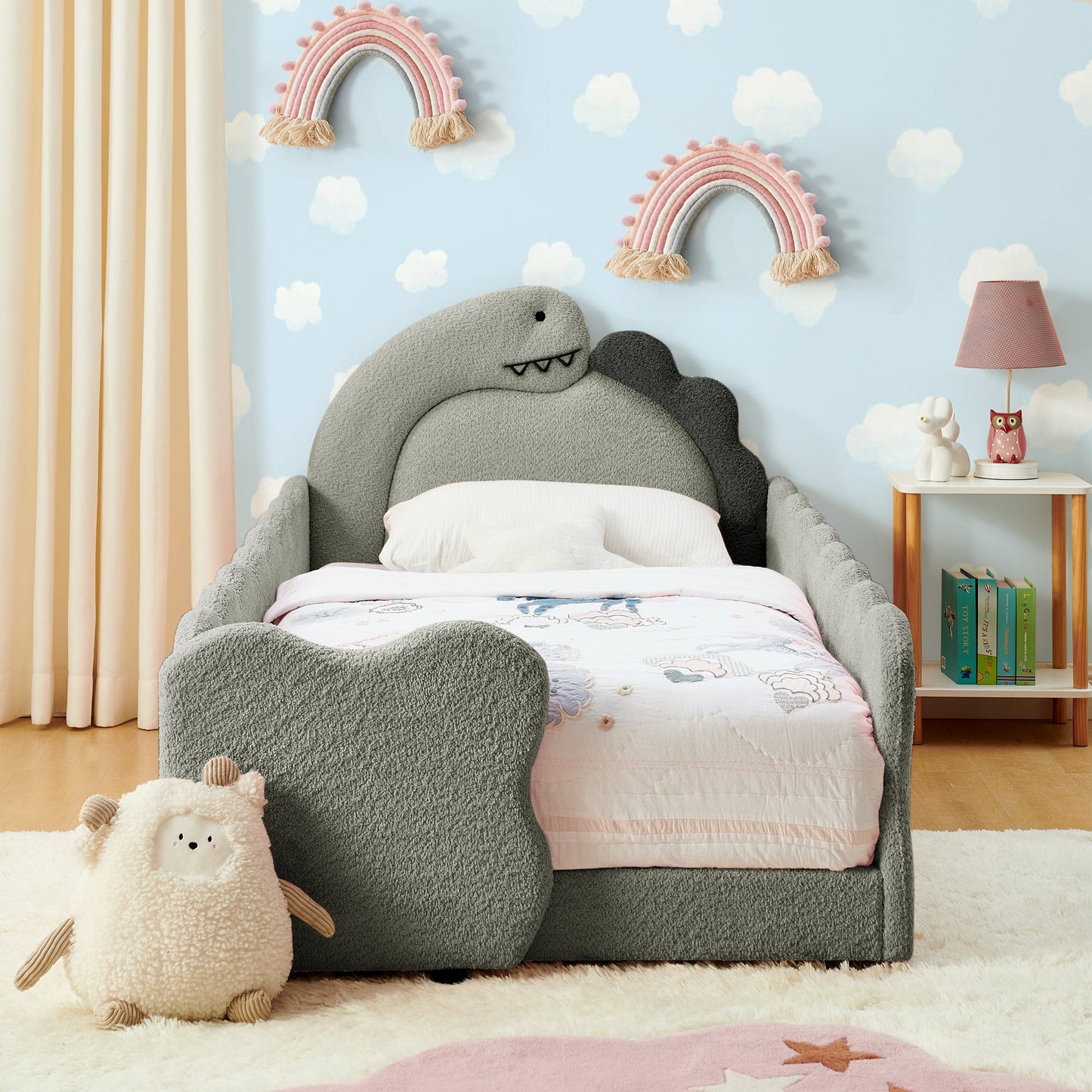 Twin Size Cute Dinosaur-Shaped Kids Bed with Safety Guardrail