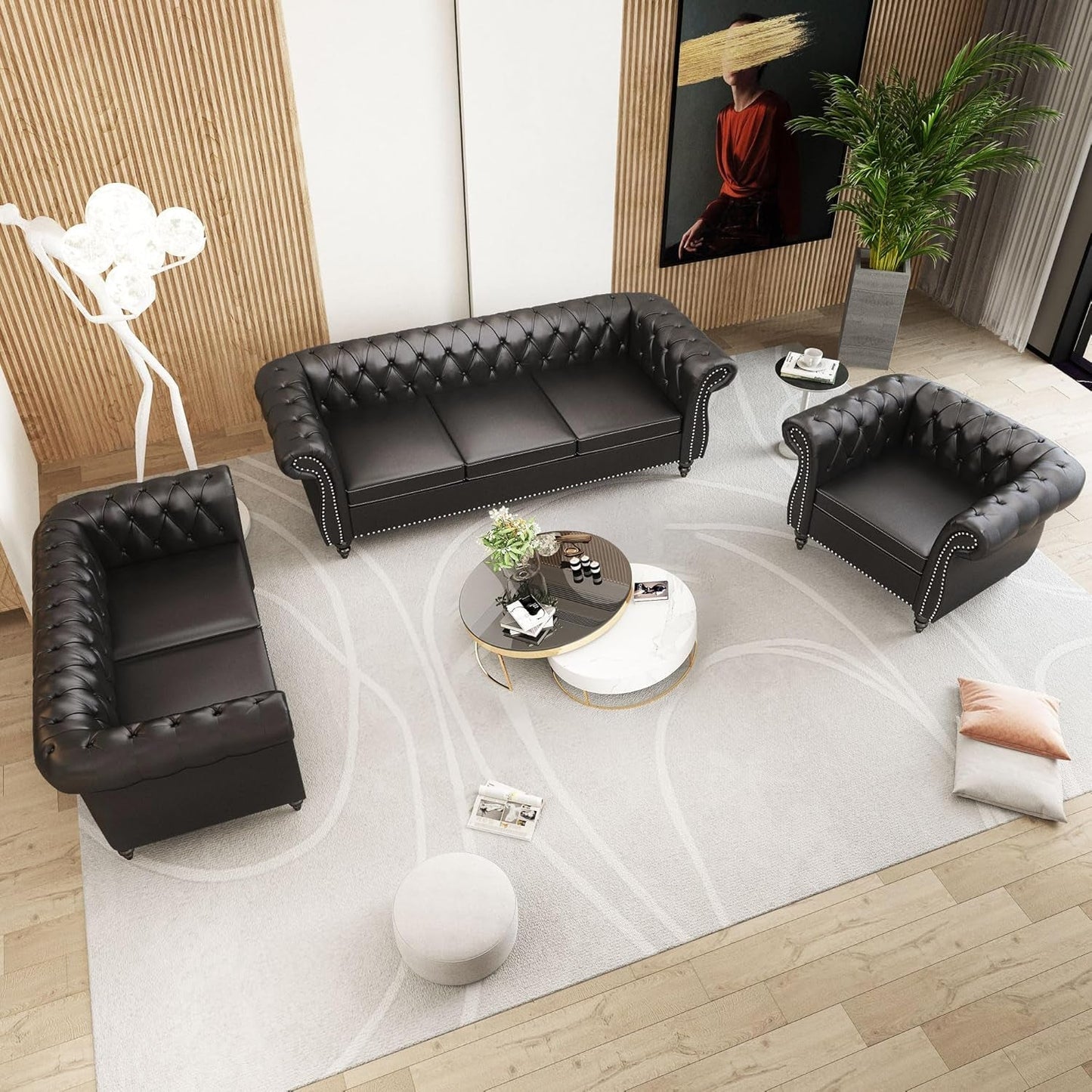 3 Piece Living Room Set Sectional Chesterfield Sofa Chair Artificial Leather Black
