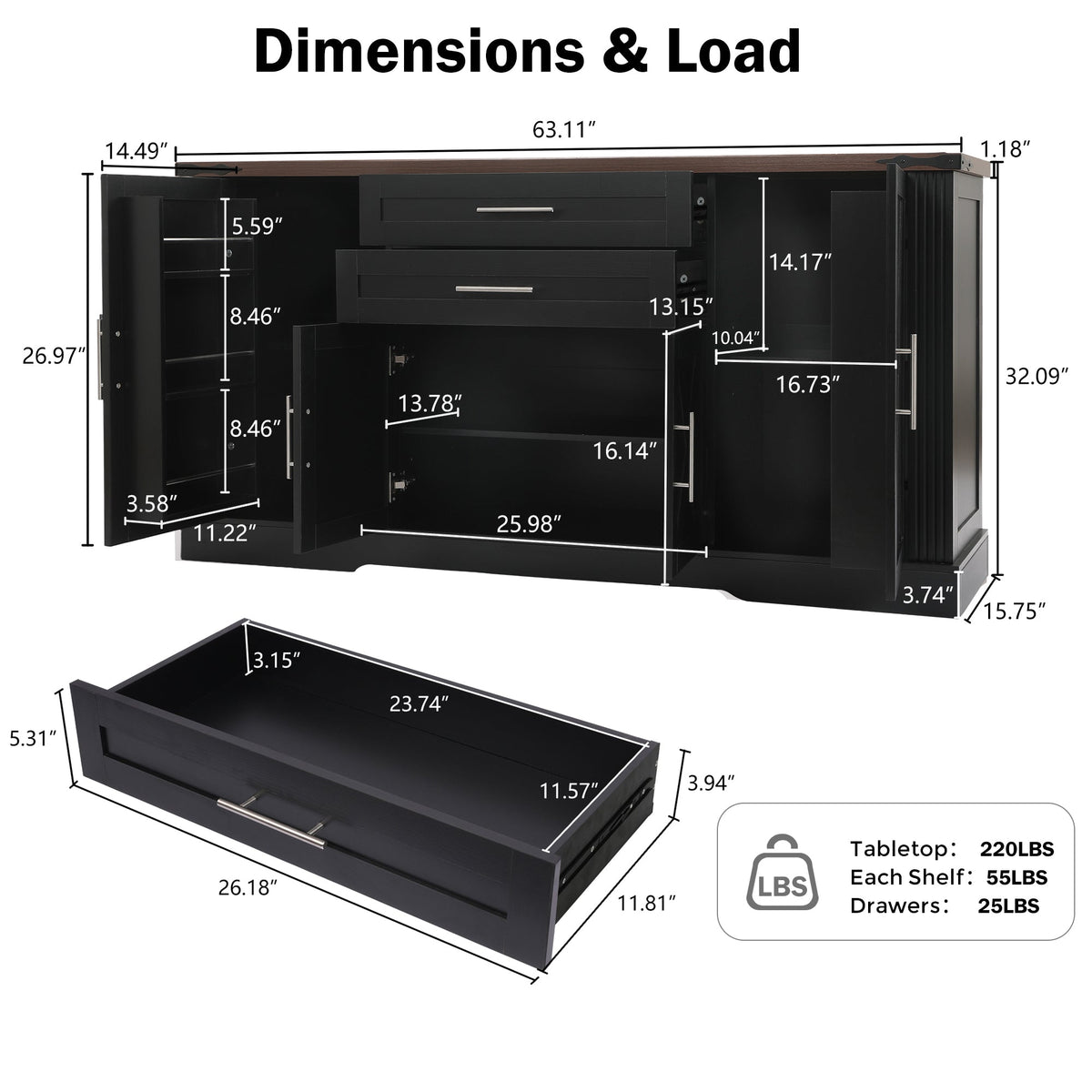 63" Farmhouse Barn Door Storage Cabinet with 2 Drawers & Door Rack