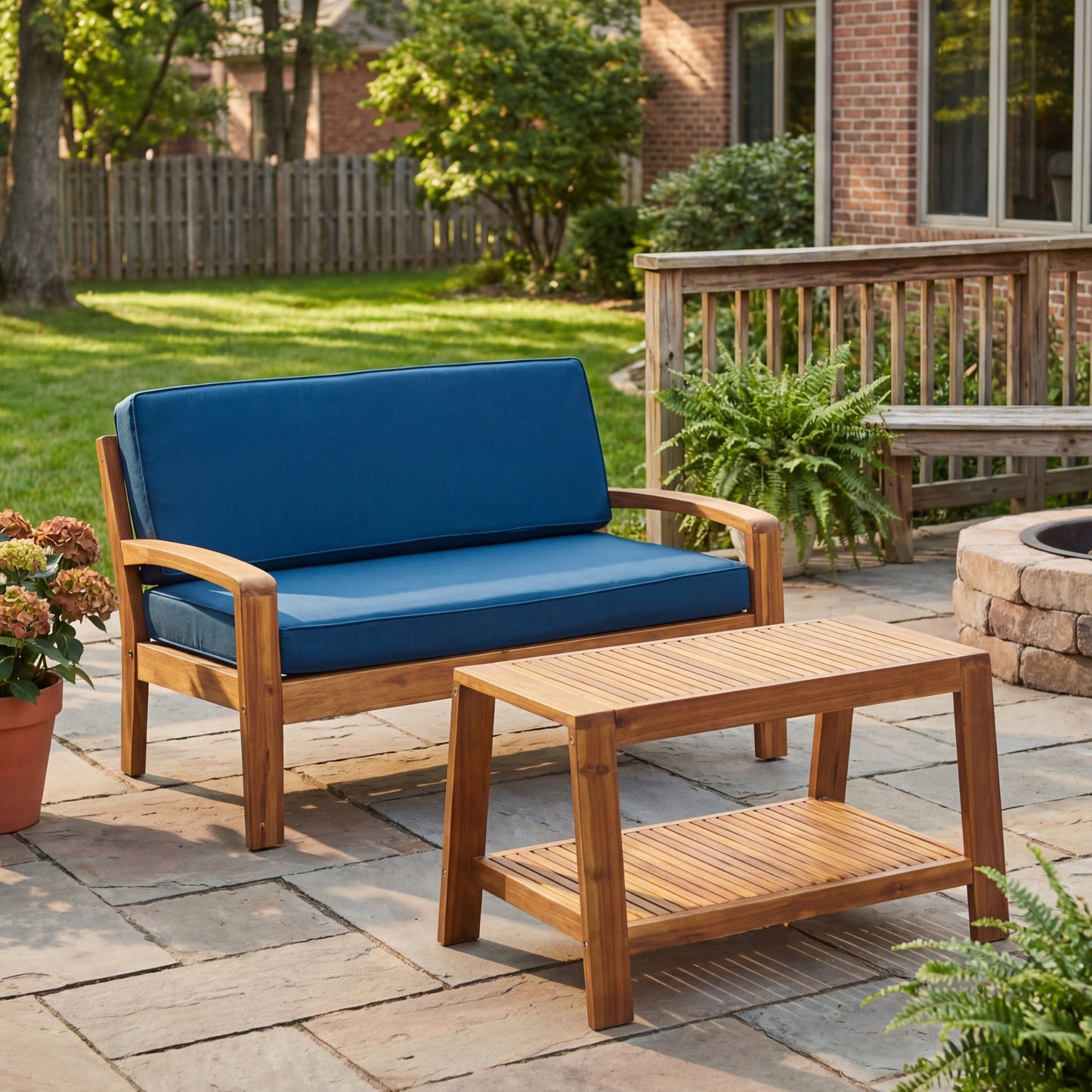 2-Piece Outdoor Teak Acacia Wood Conversation Set
