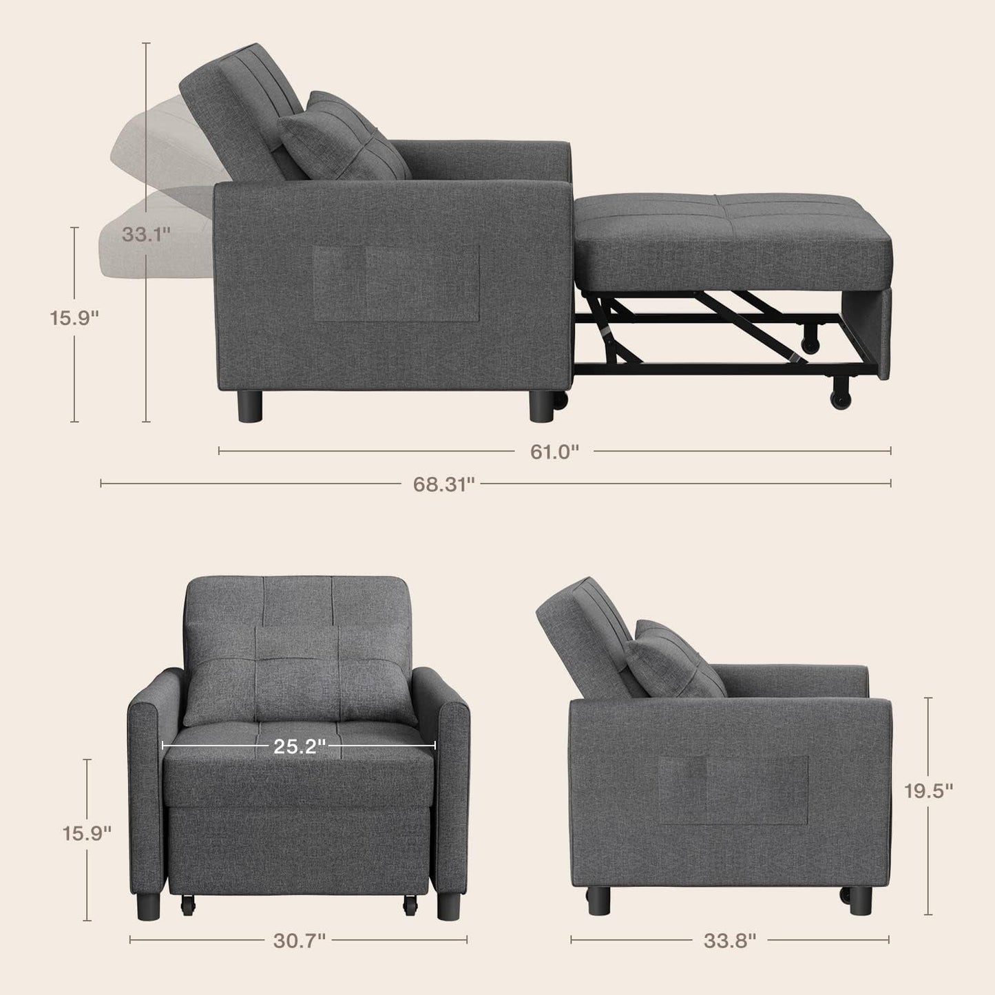 Dark Gray Sleeper Chair Bed Three In One Convertible Modern Linen Fabric Sofa