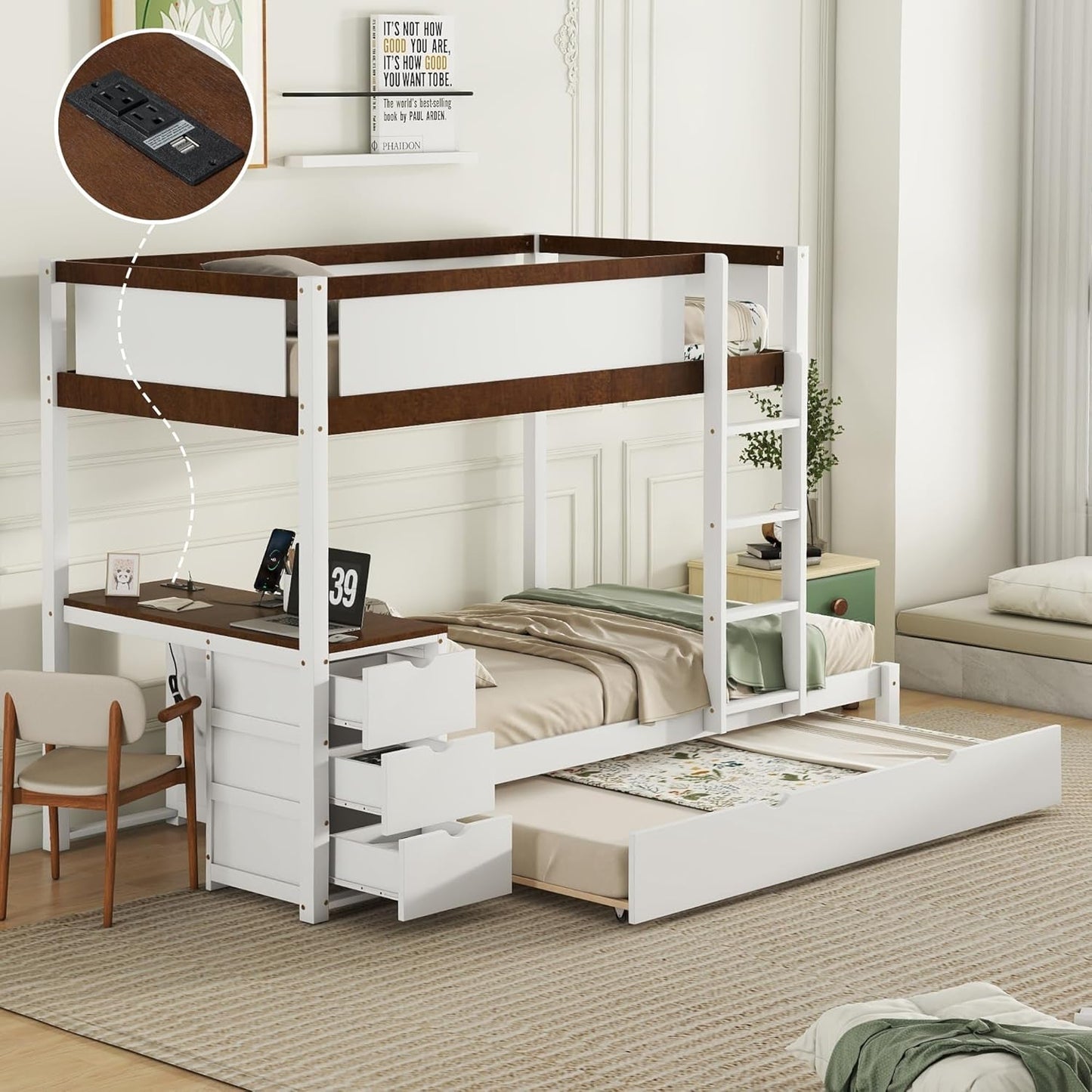 Twin Over Twin Bunk Bed With Desk USB Ports White Walnut
