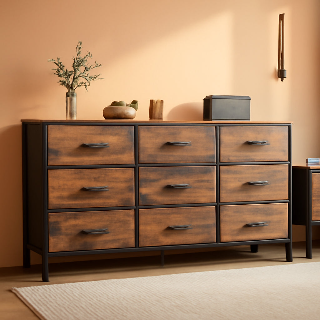 Rustic Brown 9 Drawer Dresser And TV Stand 47 Inch Wide
