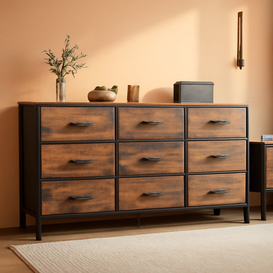 Rustic Brown 9 Drawer Dresser And TV Stand 47 Inch Wide