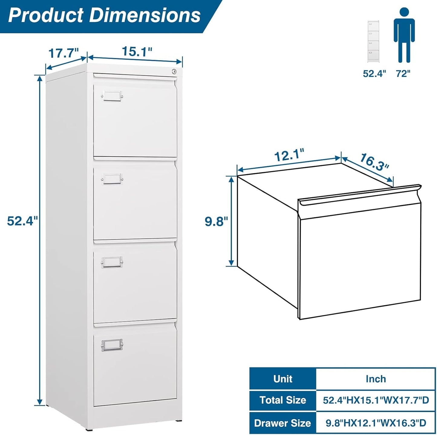White 4 Drawer File Cabinet With Lock 16 Inch Deep