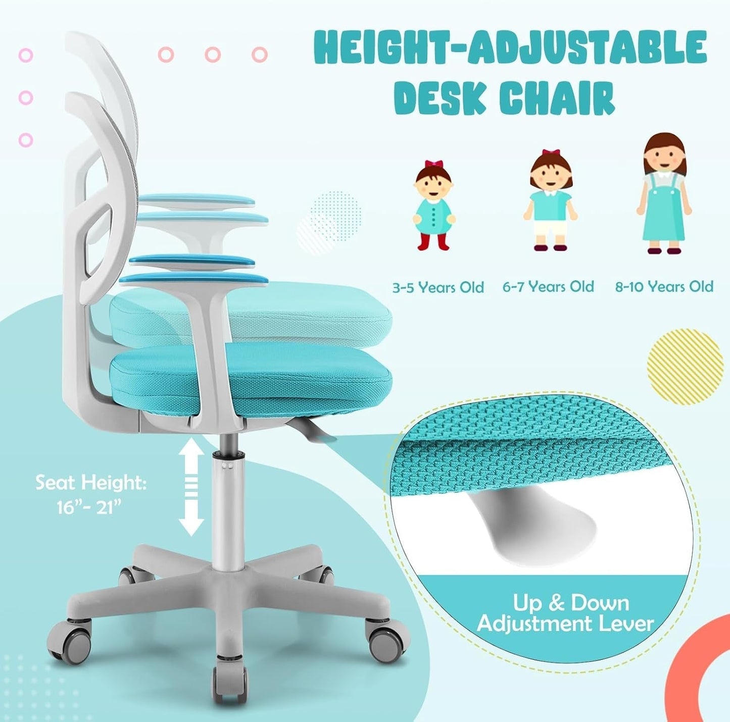 Ergonomic Kids Desk Chair With Lumbar Support Cyan