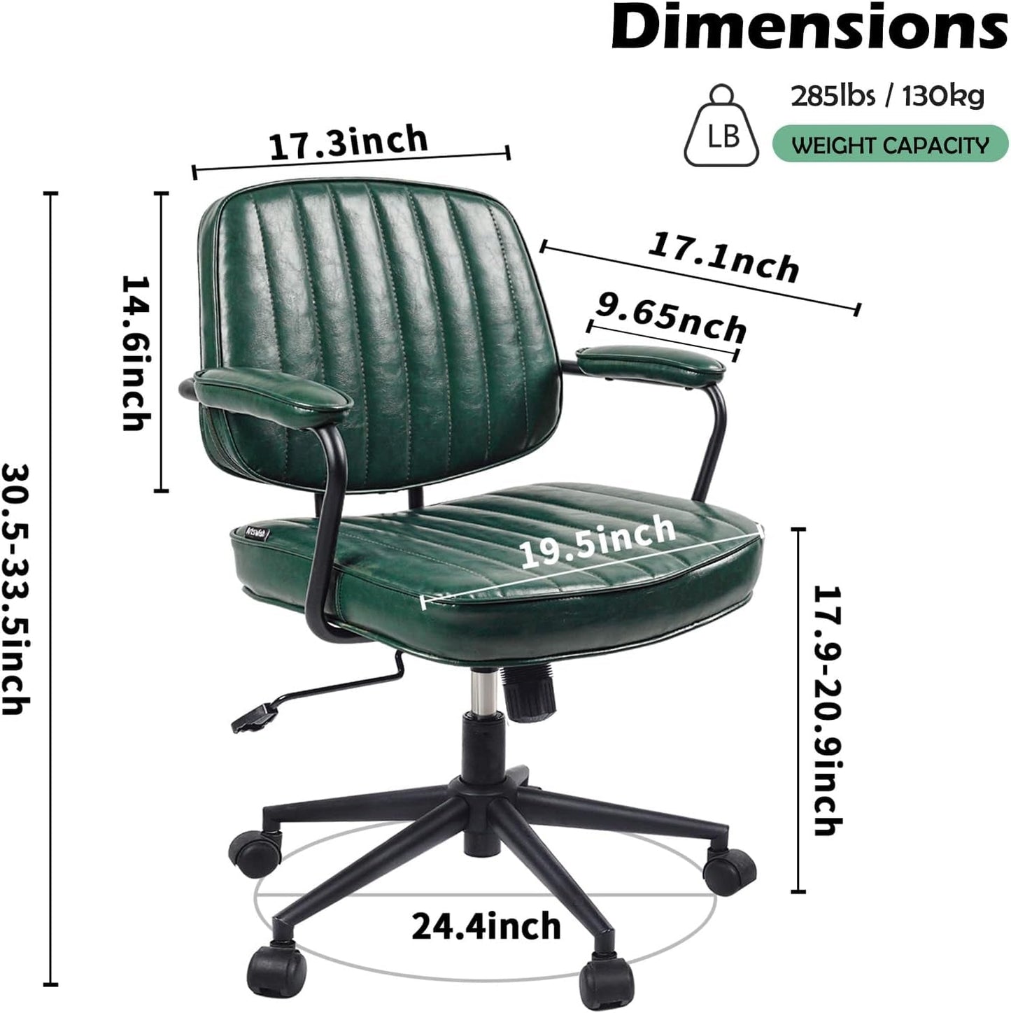Green Leather Mid Century Office Chair With Wheels And Arms