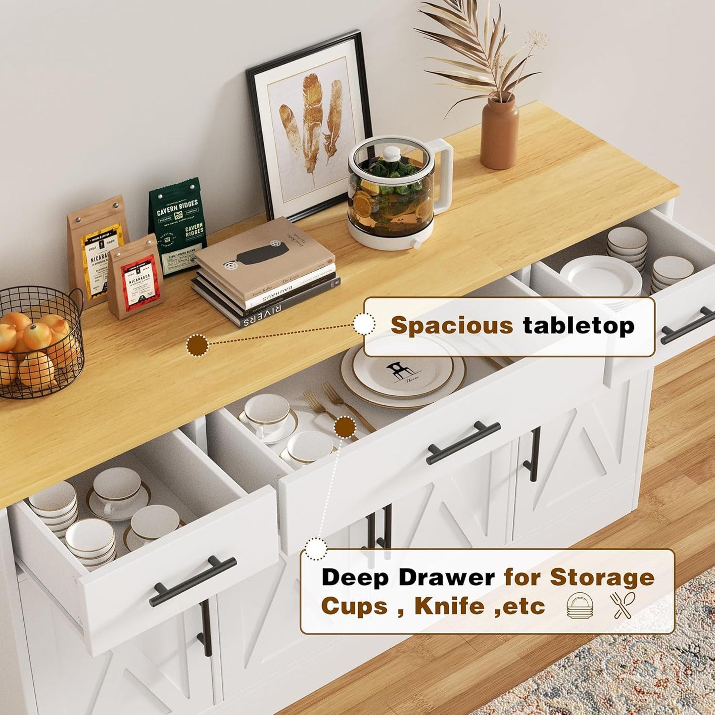53 Inch White Buffet Cabinet With Drawers For Dining Room