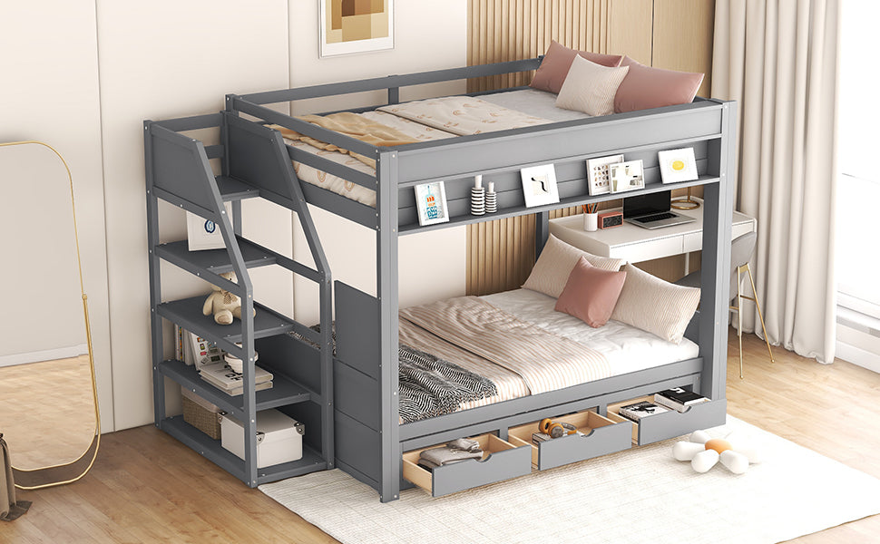 Wood Full Size Convertible Bunk Bed with Storage Staircase and Drawers