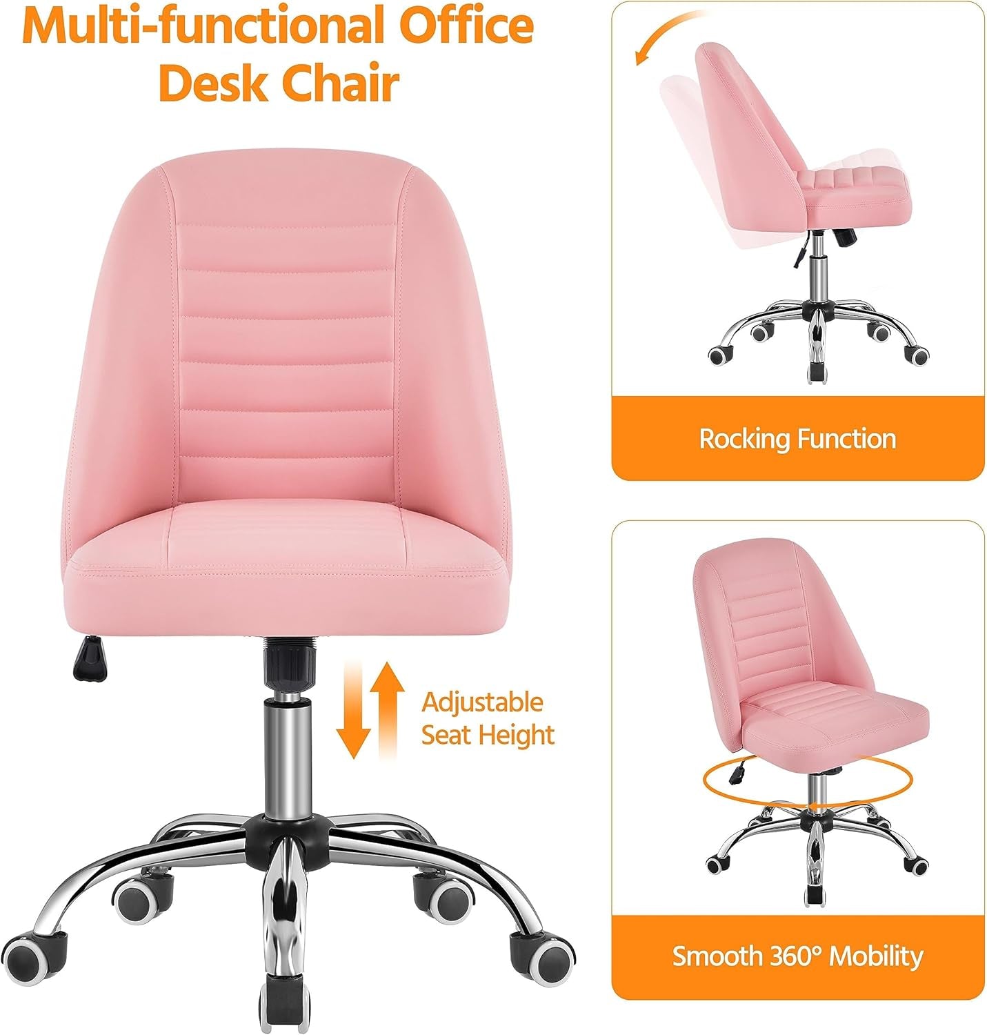Pink PU Leather Armless Office Chair With Rolling Wheels