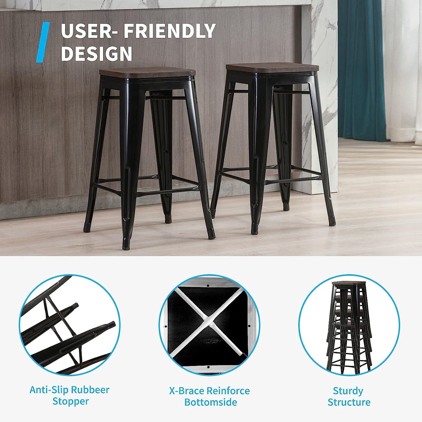Square Metal Bar Stool Set Of 2 Stackable 330 Lb. Capacity - user-friendly design featuring sturdy structure and anti-slip stopper.