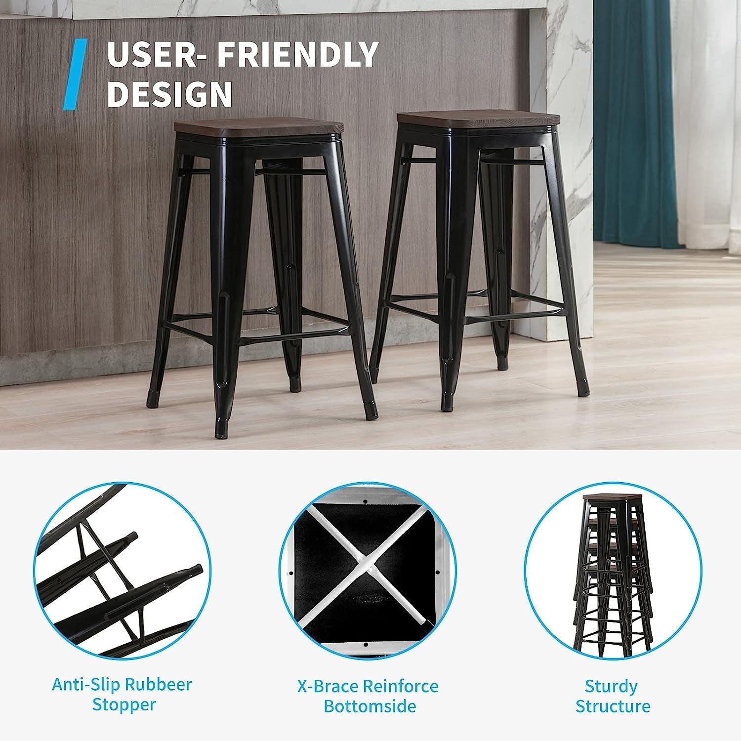 Square Metal Bar Stool Set Of 2 Stackable 330 Lb. Capacity - user-friendly design featuring sturdy structure and anti-slip stopper.