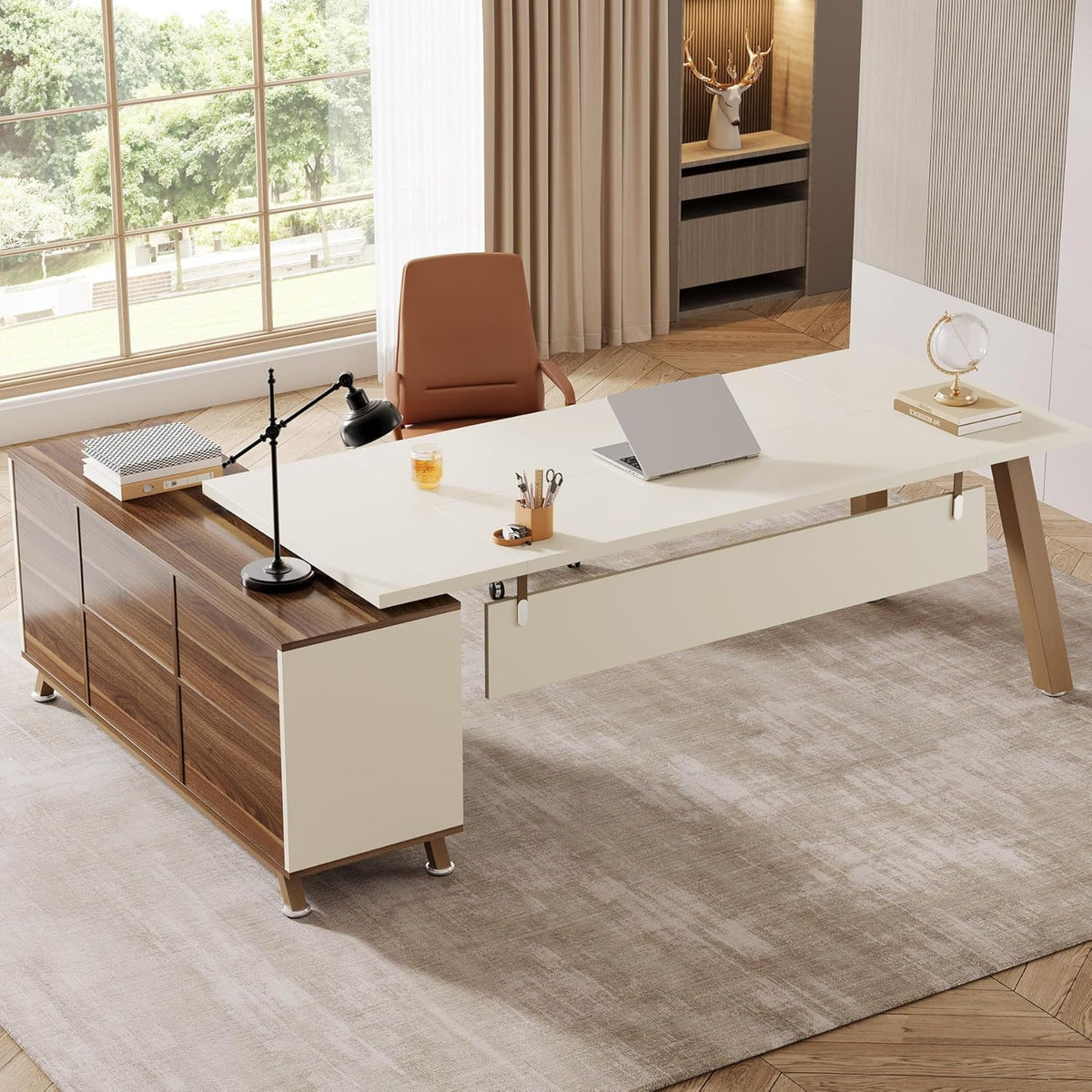 78.7" L-Shaped Executive Desk with 55" File Cabinet