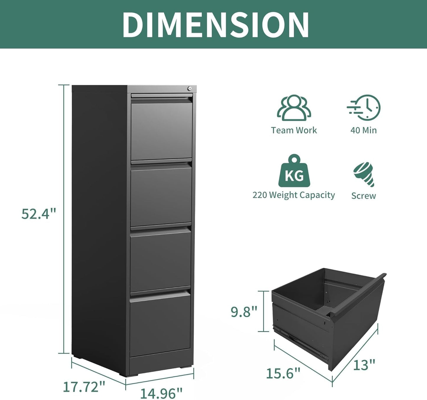 4 Drawer File Cabinet With Lock Black Metal Vertical Filing Cabinet