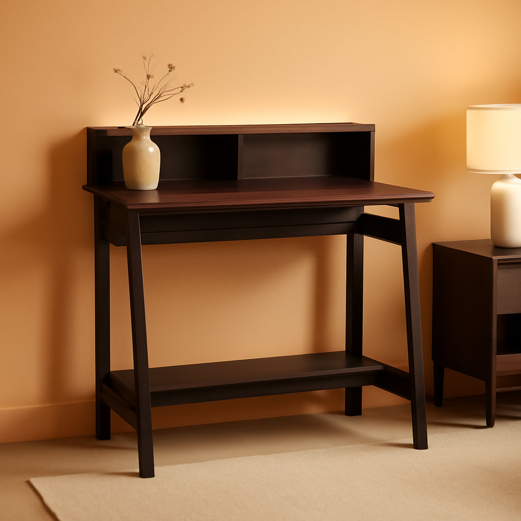A Frame Computer Desk With Hutch In Dark Walnut Finish