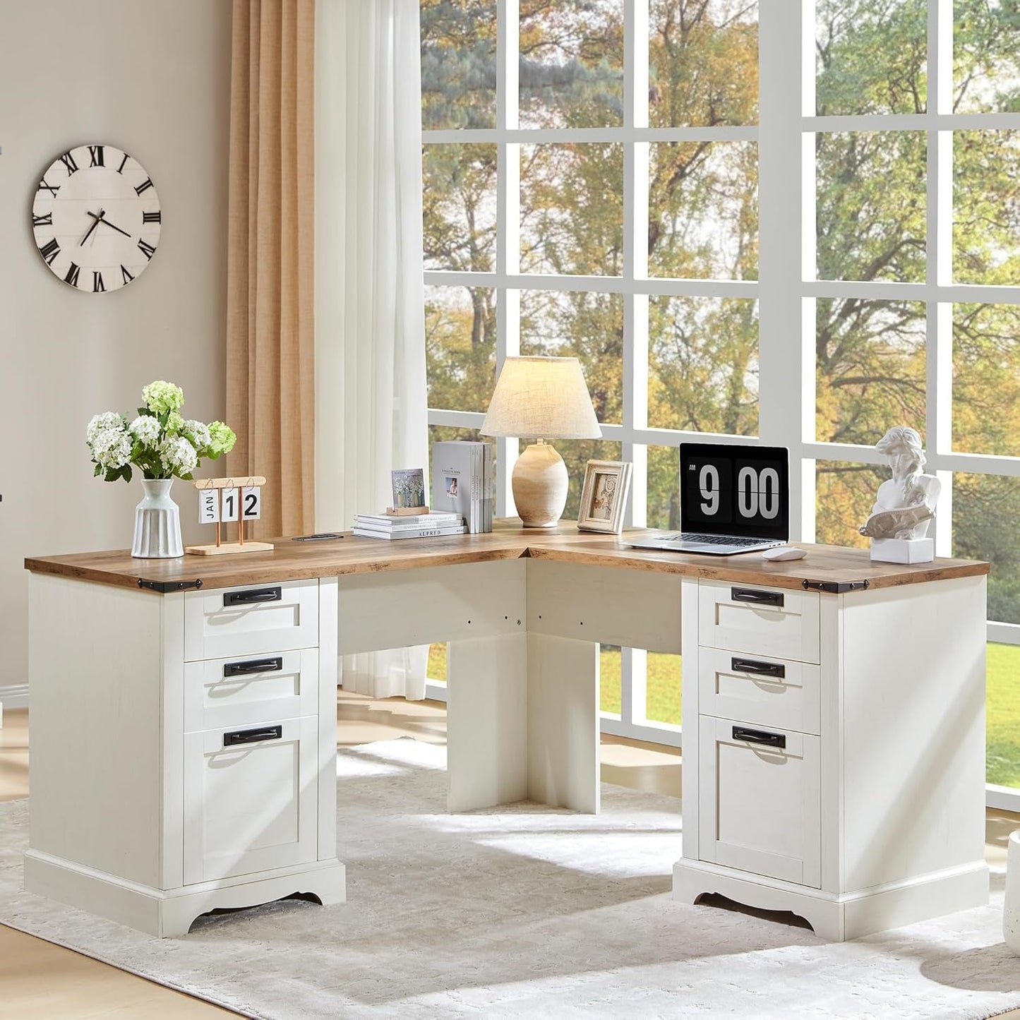 60 Inch Farmhouse L Shaped Desk Antique White With Drawers