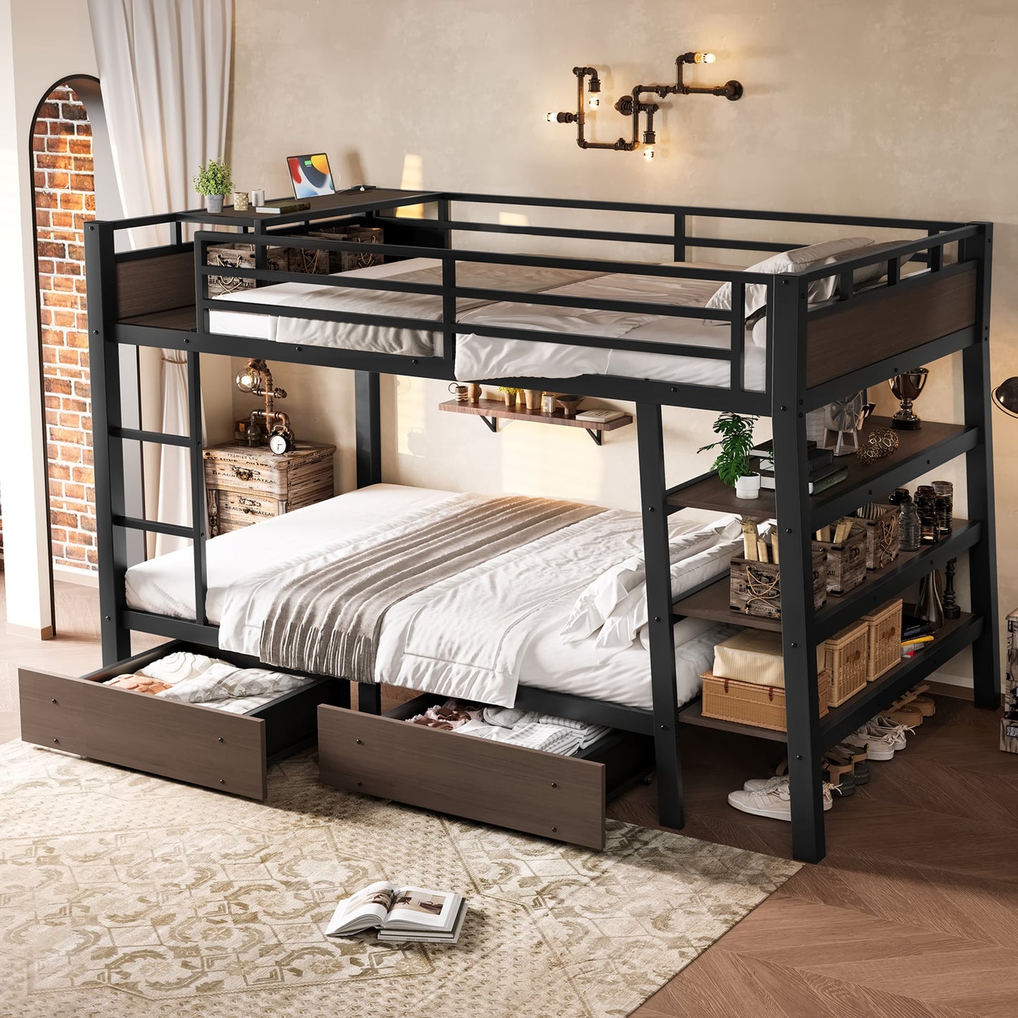 Full Size Metal Bunk Bed with Storage Shelves, LED Light Strip, and USB Power Strip