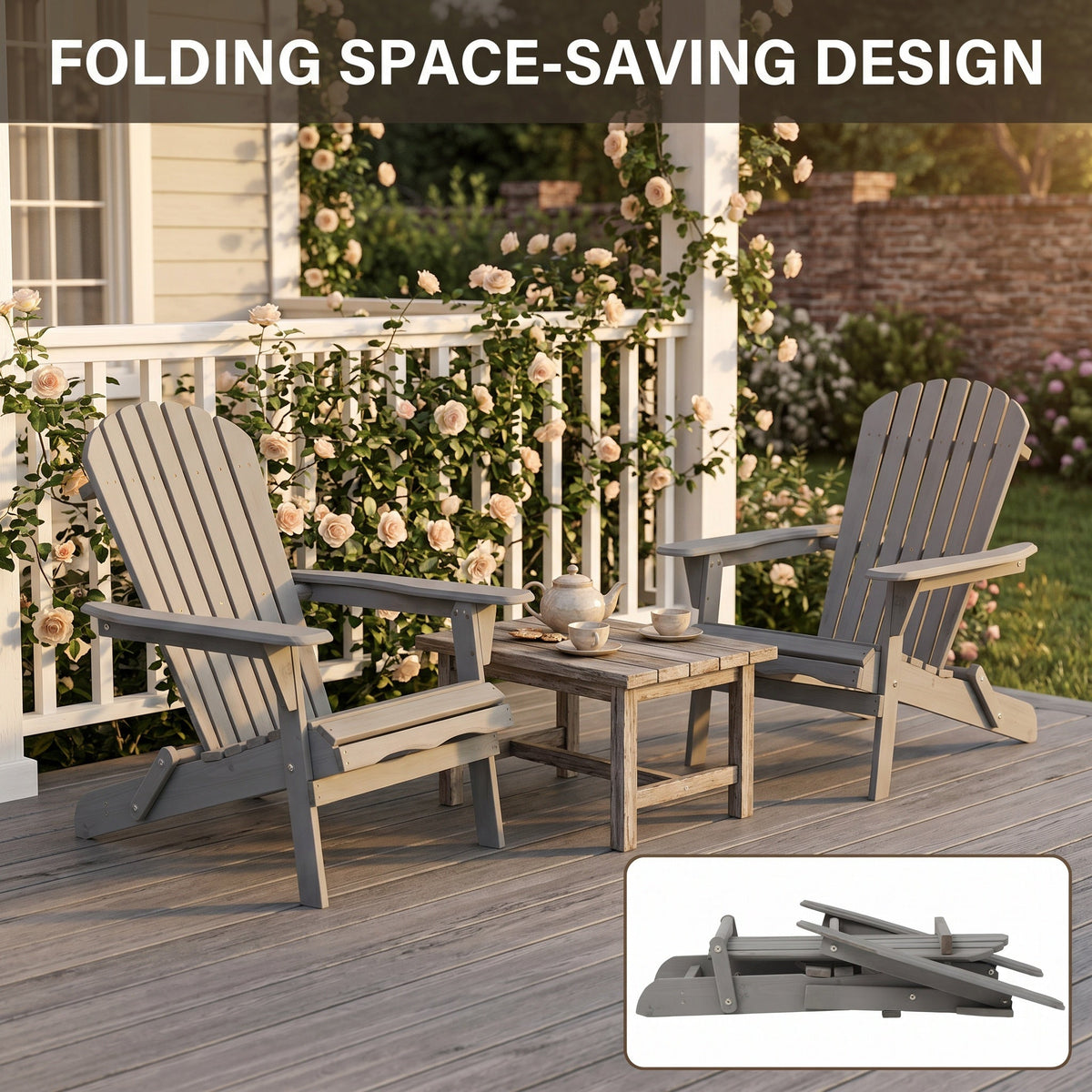 Outdoor Wooden Folding Adirondack Chair Set of 2