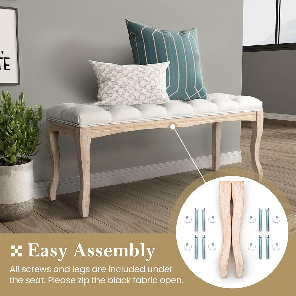 French Vintage Tufted Entryway Bench