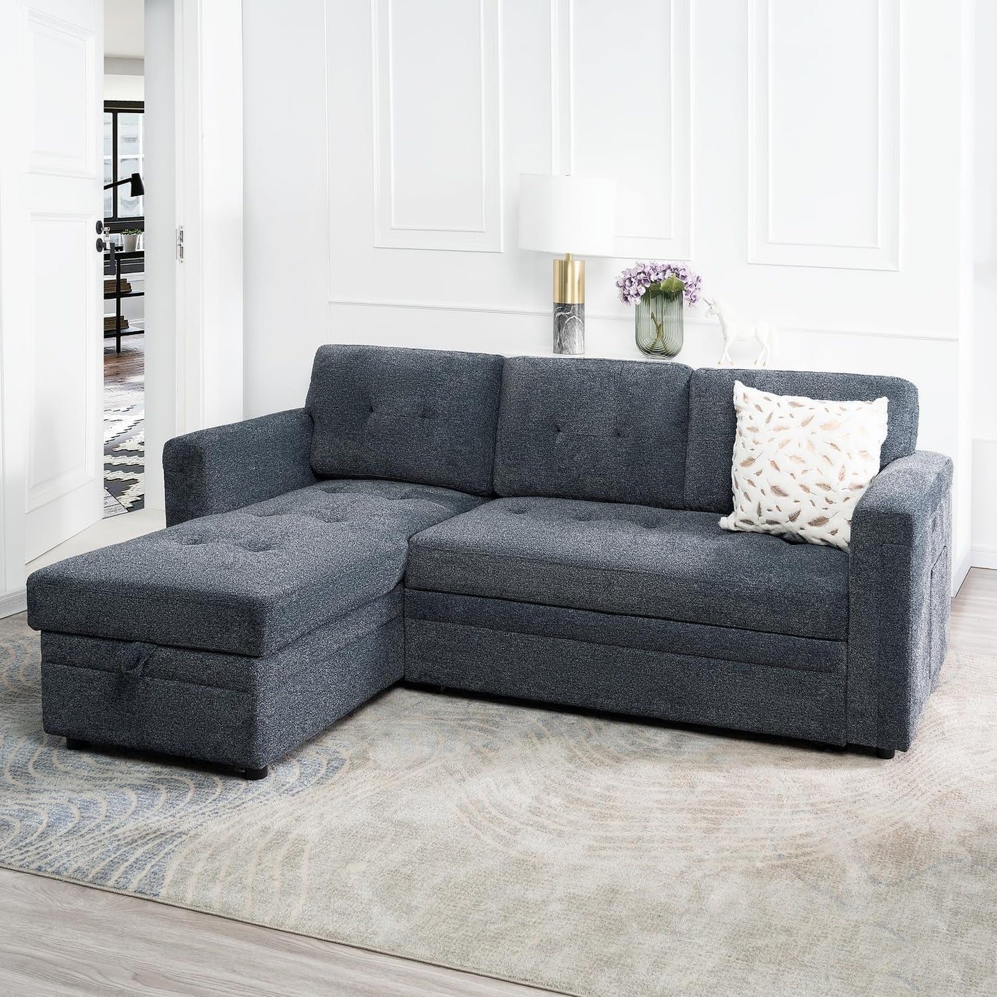 Gray Microfiber L Shape Sleeper Sofa With USB Ports Storage
