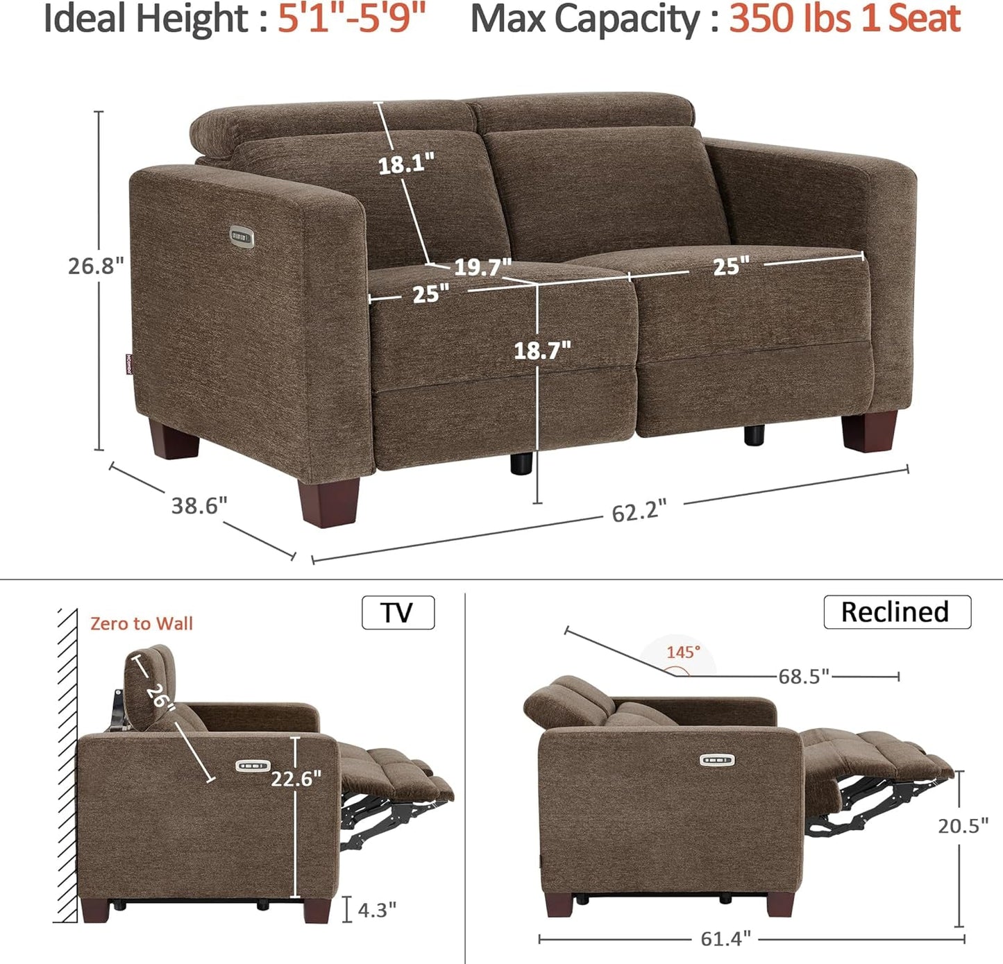 62.2 Inch Wall Hugger Power Loveseat Recliner with Adjustable Headrest and USB Ports in Coffee Fabric