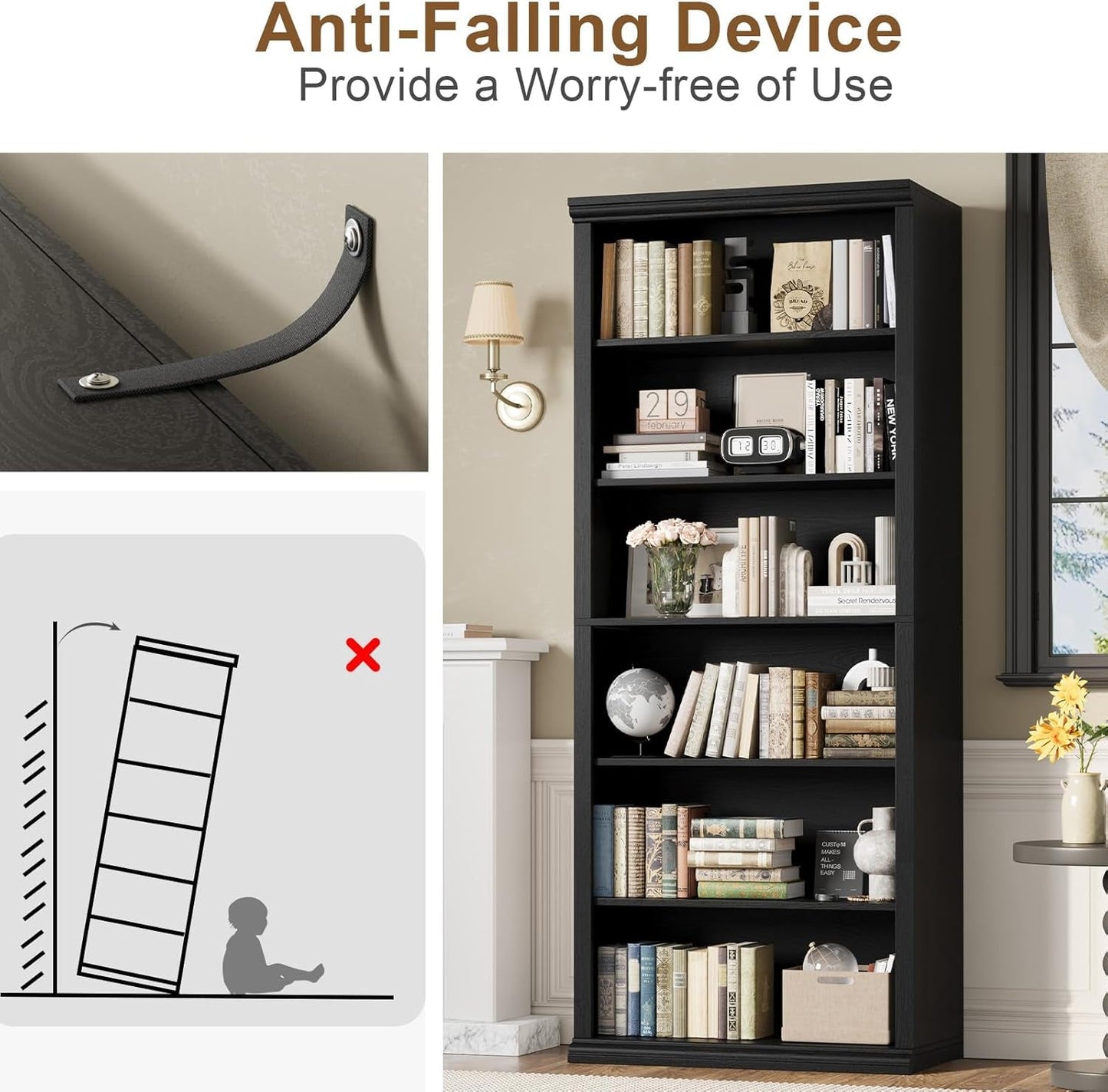28 Inch Wide Tall Bookcase With Six Tiers For Home Office Storage For Living Room Organization