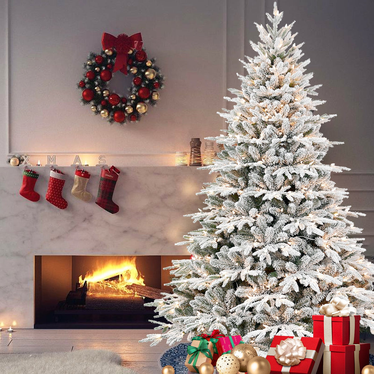 7.5ft Pre-Lit Flocked Artificial Christmas Tree with 650 Warm Lights