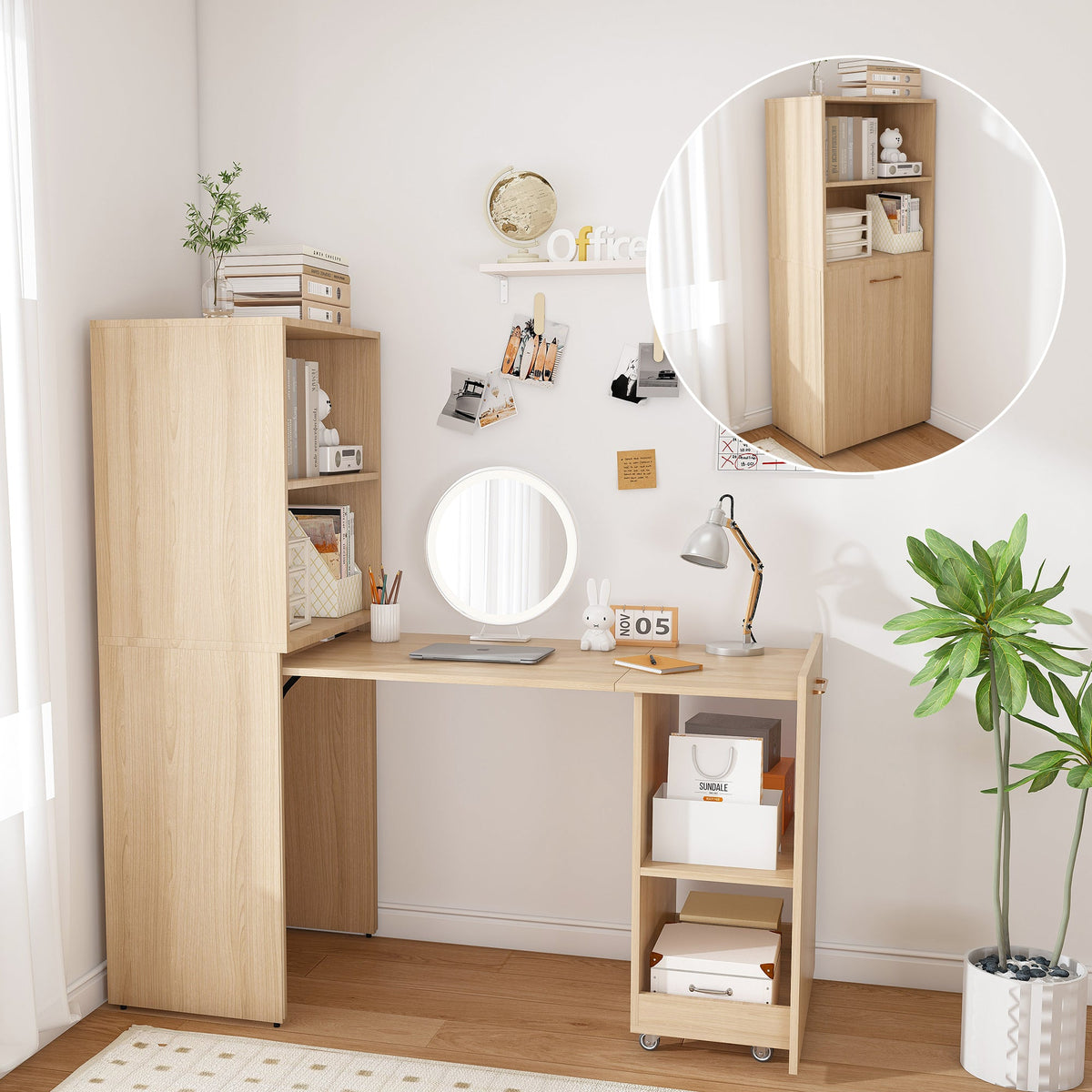 Stretchable Desk with Storage Shelves and Mobile Wheels