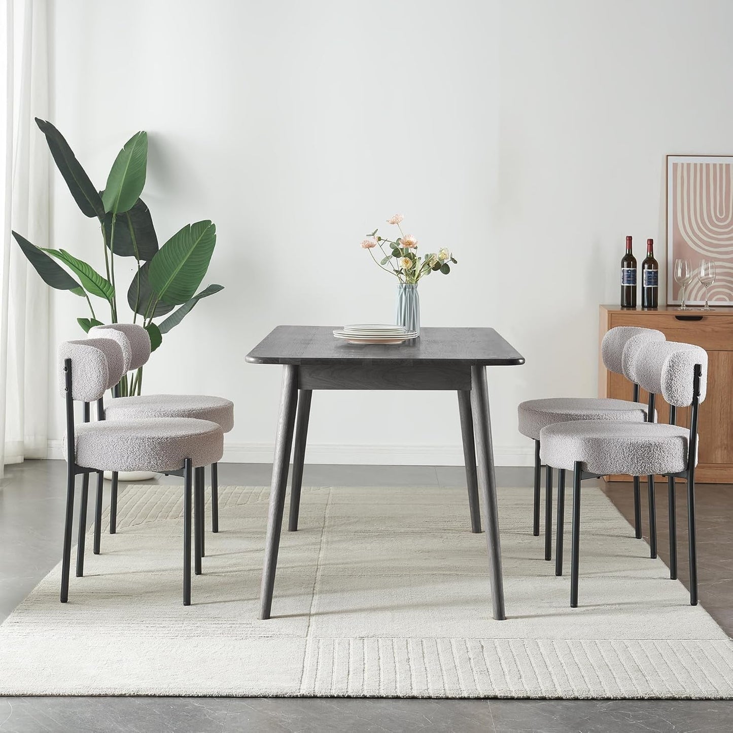 Round Upholstered Boucle Dining Chair Grey With Black Legs