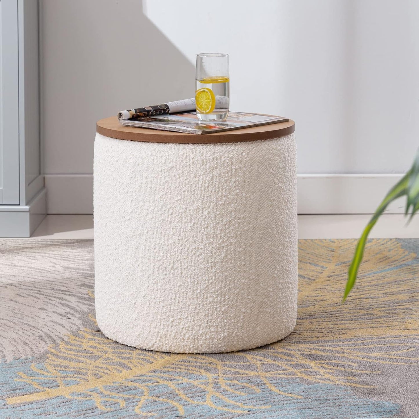 Circular Storage Ottoman Sixteen Inch White Boucle