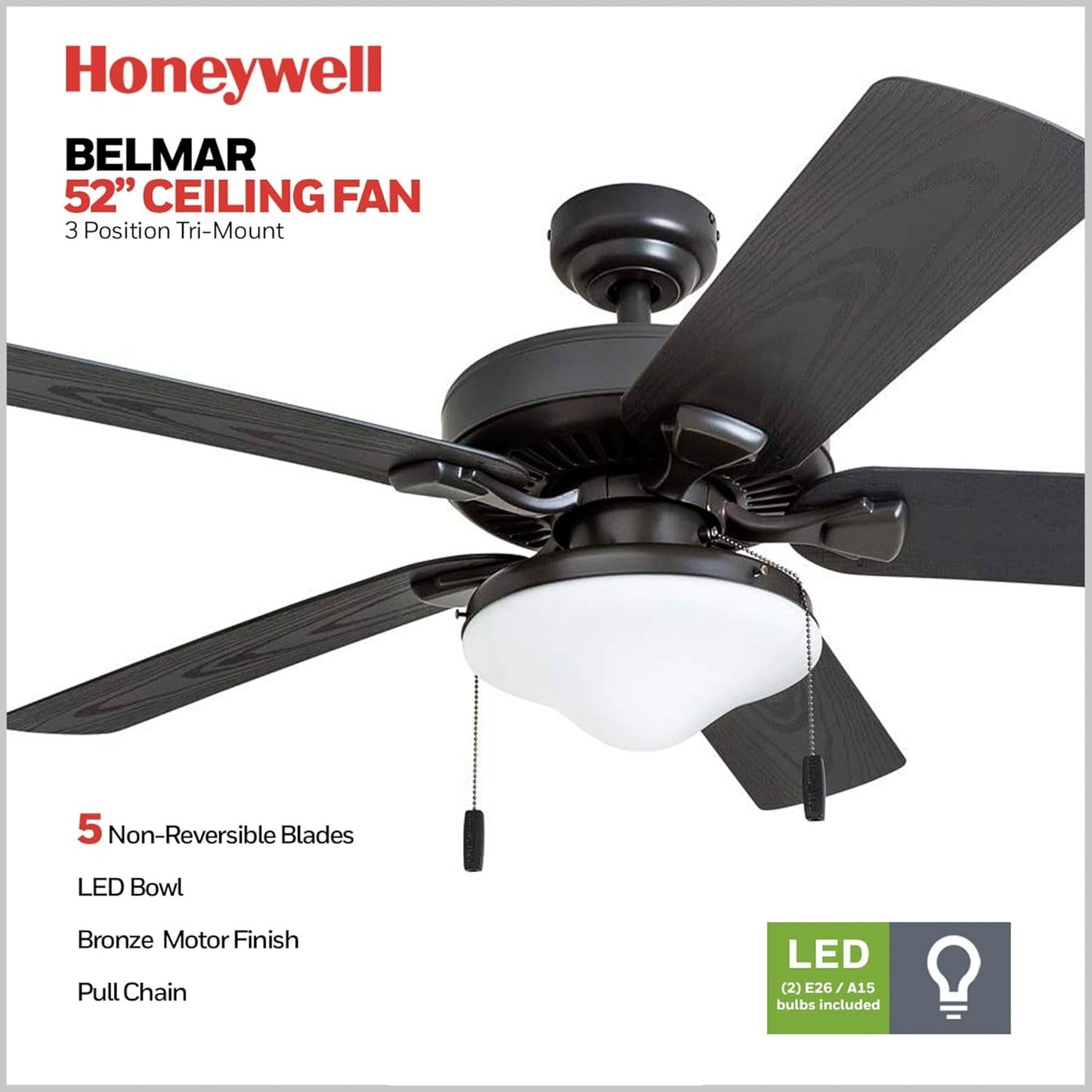 Belmar 52 Inch Bronze Damp Rated Ceiling Fan LED Light