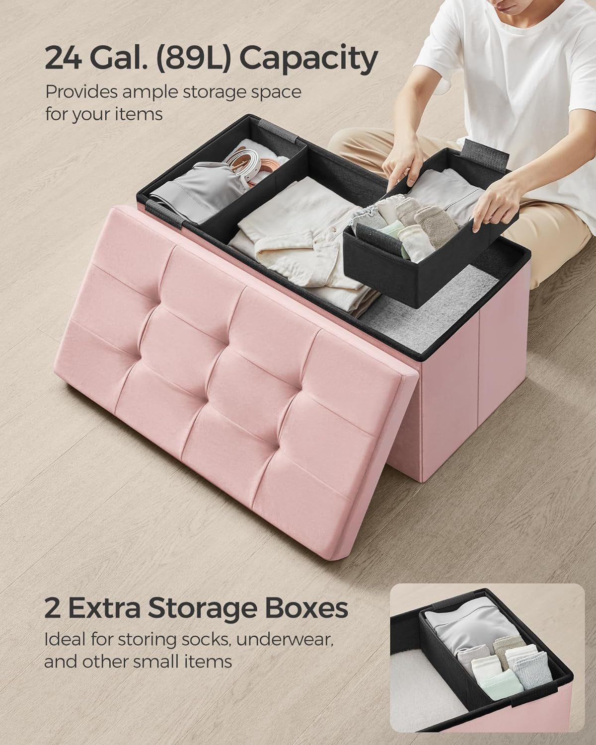 Pink Foldable Storage Ottoman Bench 15x30x15