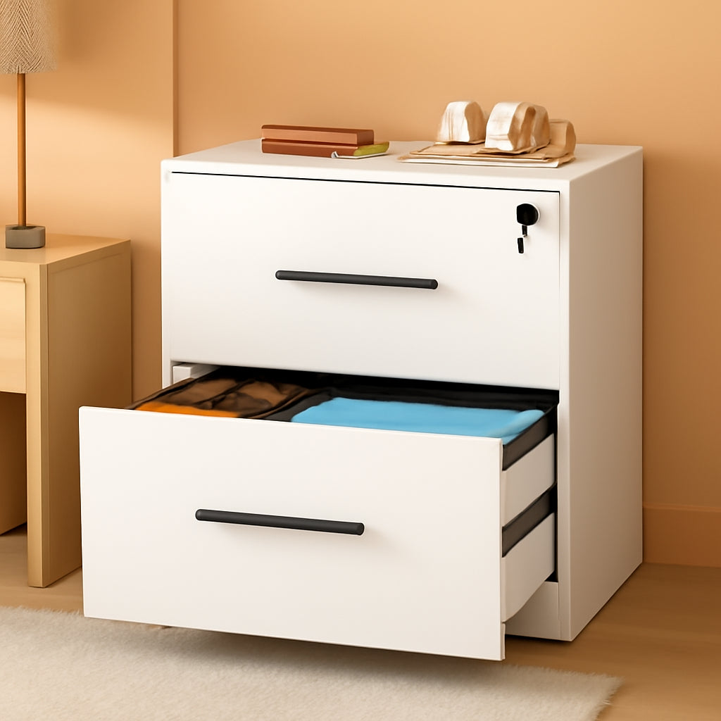 2 Drawer White Wood Lateral File Cabinet With Lock For Office Or Home Use Fits Any Desk