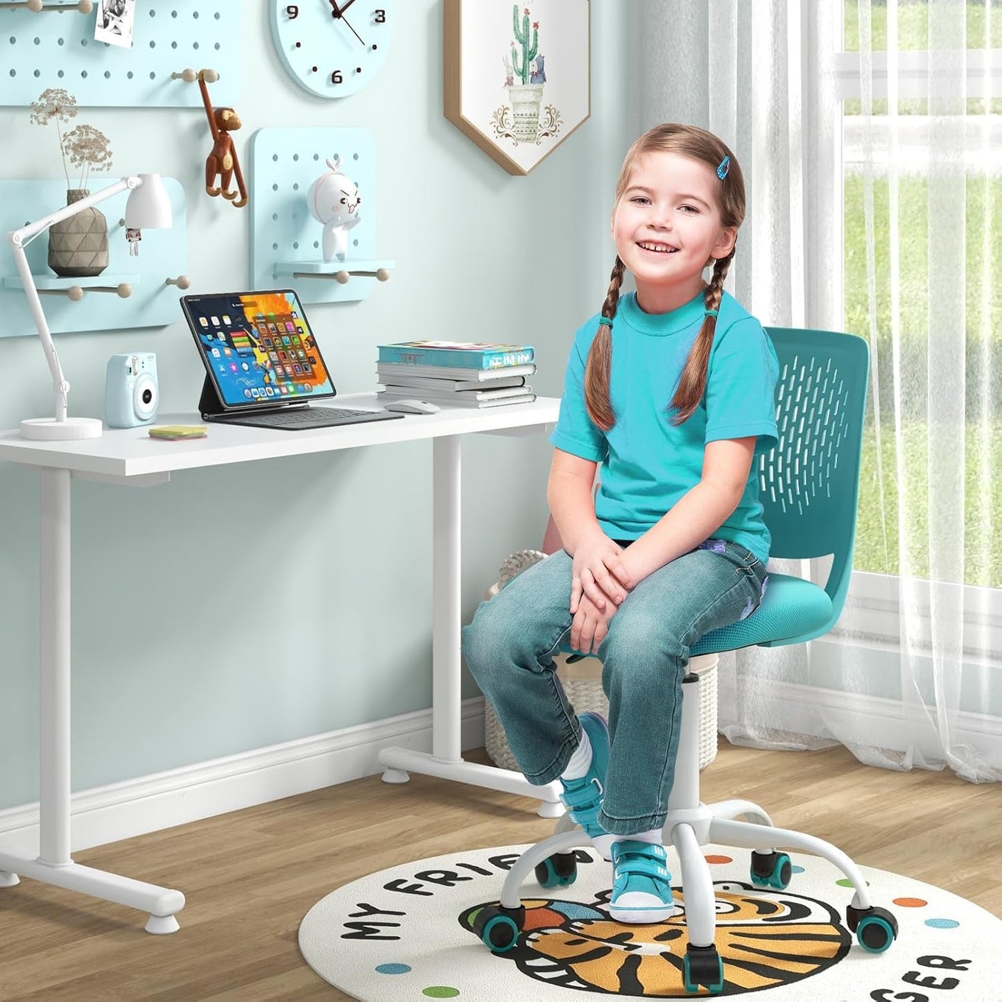 Turquoise Height Adjustable Kids Desk Chair With Lumbar Support