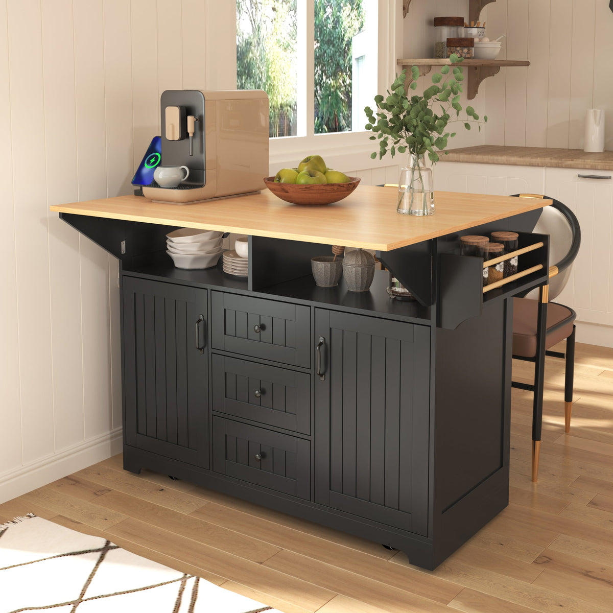 K&K 55.7'' Large Kitchen Island with Drop Leaf