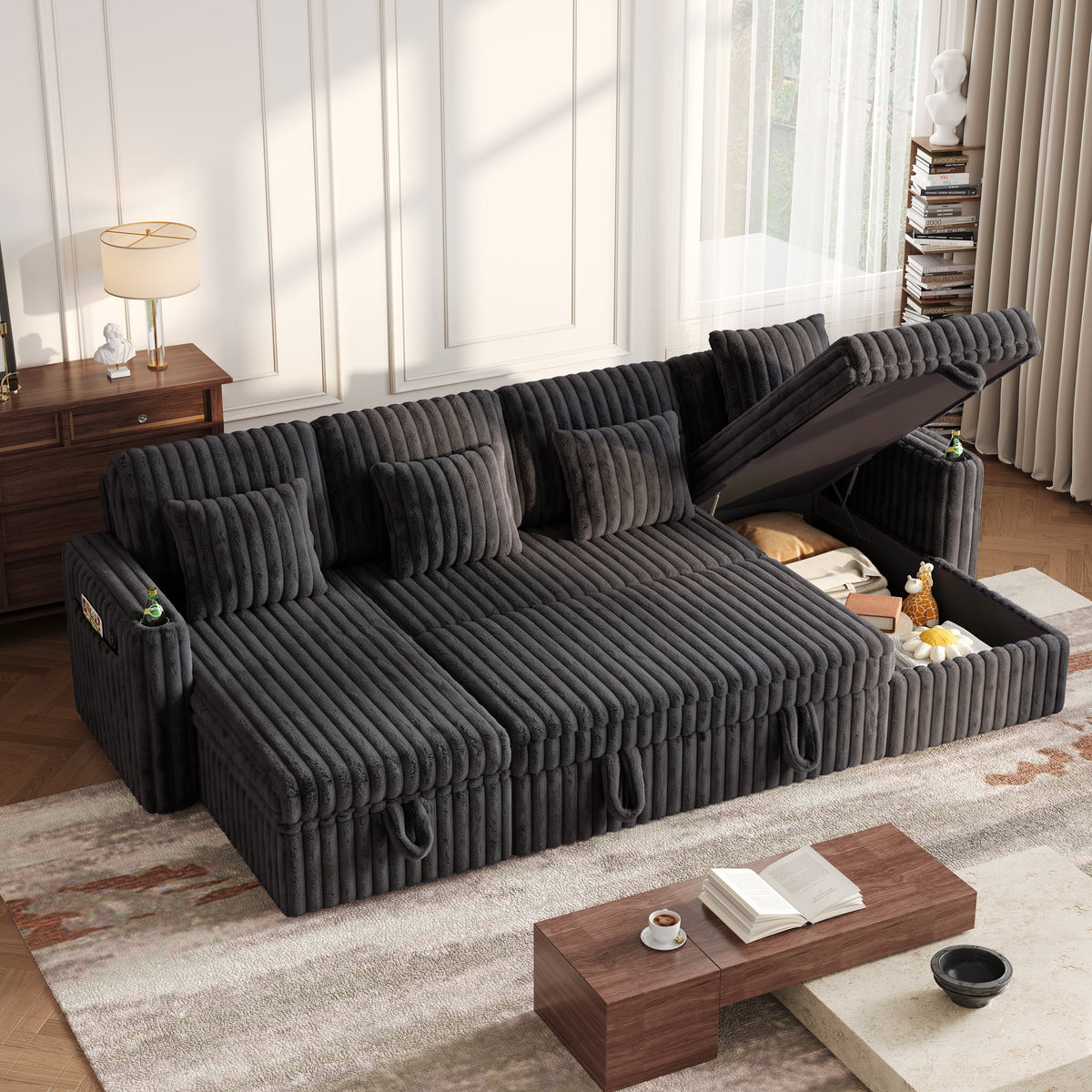 U Shaped Plush Corduroy Sectional Sleeper Sofa