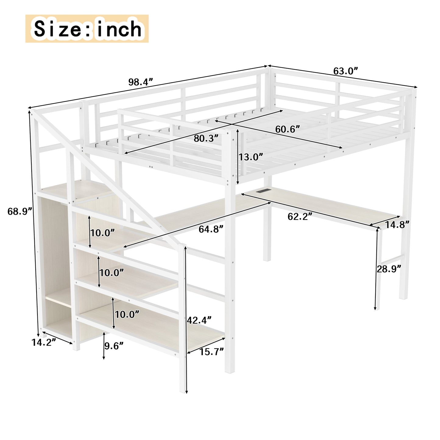 Queen Size Loft Bed with L-shaped Desk and USB, Metal Loft Bed with Wardrobe and Adjustable Shelf, High Loft Bed with LED for Kids Teens Adults, White Wood-grain