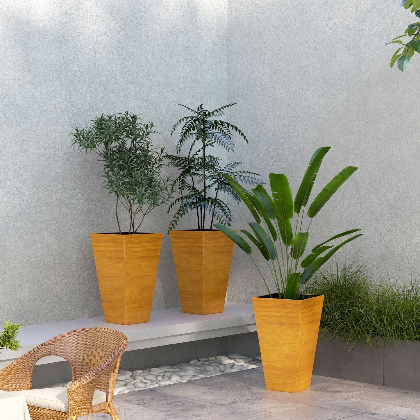 Outsunny 28' Tall Outdoor Planters Set of 3 with Drainage Holes Faux Wood Plastic Flower Pots for Garden Patio Tan