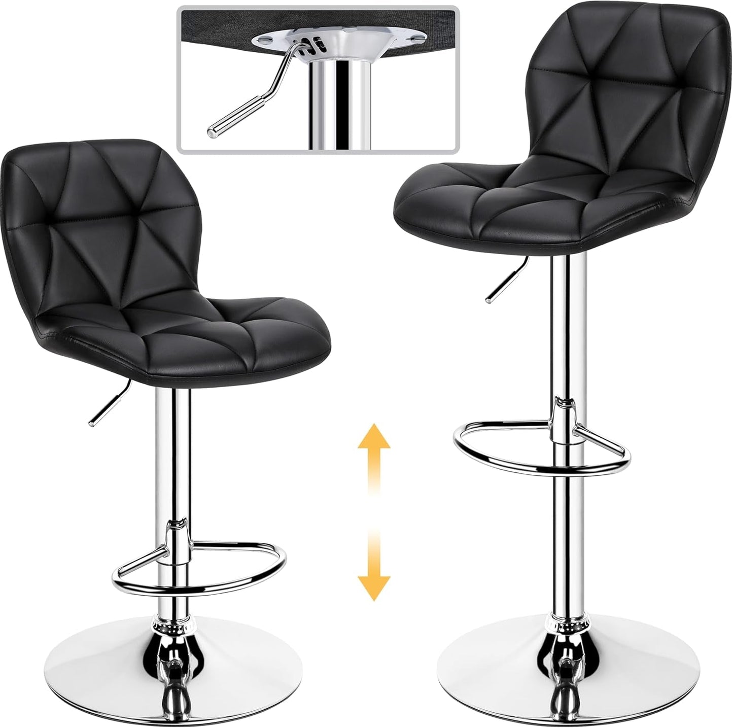 Set Of 2 Modern Adjustable Black PU Leather Bar Stools