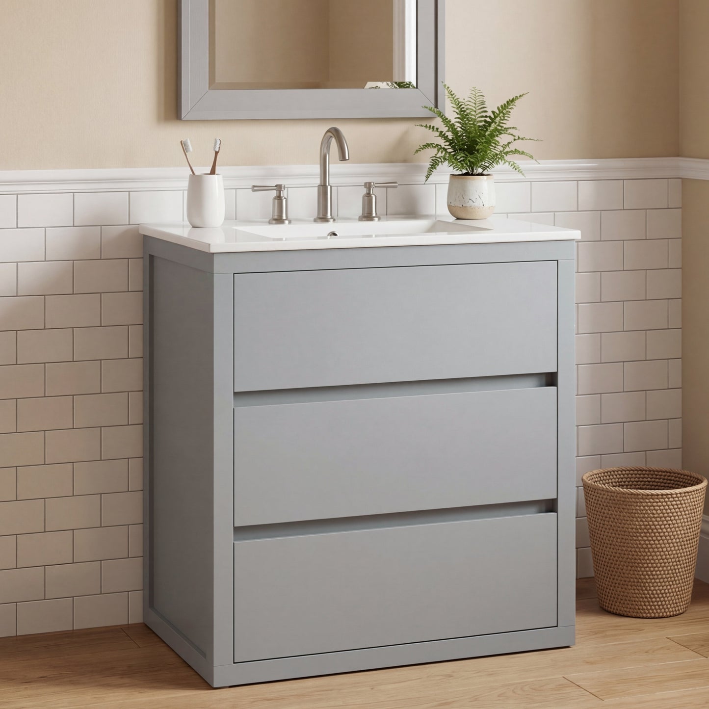 30" Bathroom Vanity with Ceramic Sink and 2 Full-Extension Drawers