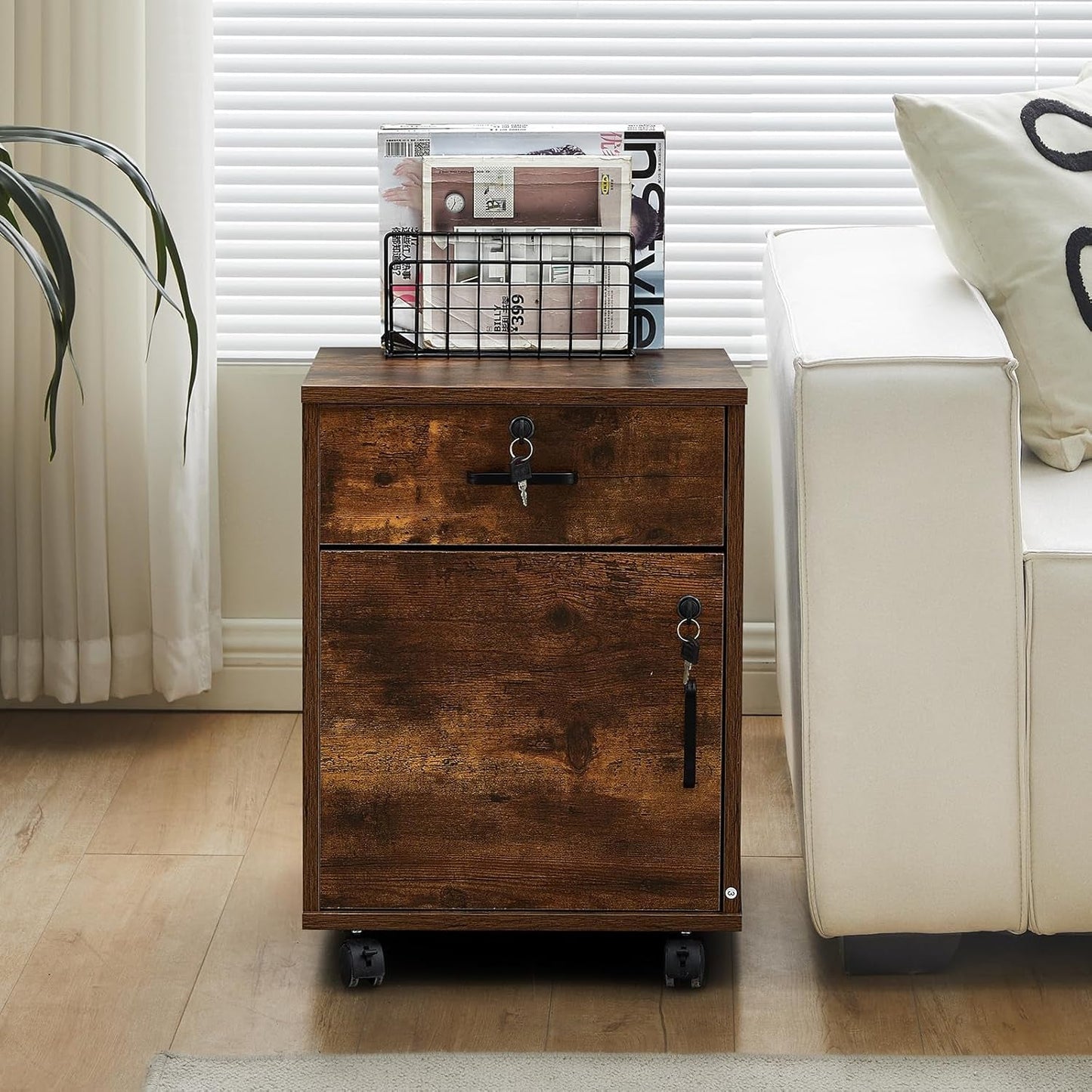 Mobile Lockable File Cabinet With Drawer Door Rustic Brown