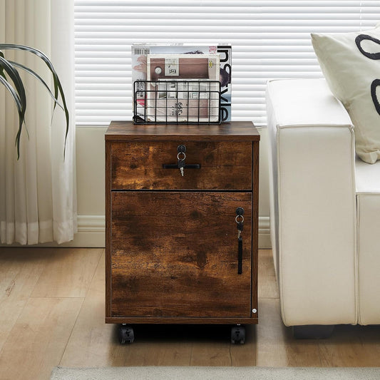 Mobile Lockable File Cabinet With Drawer Door Rustic Brown