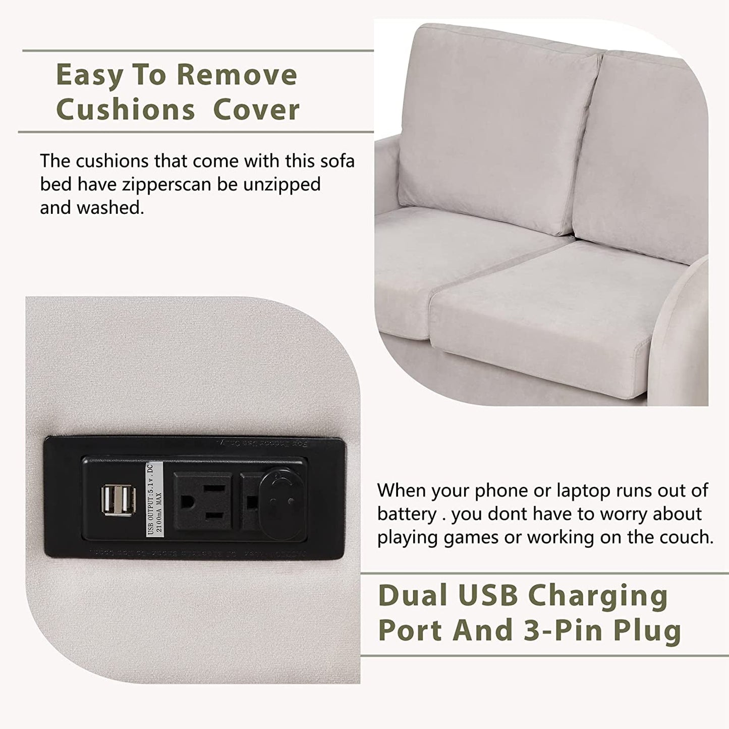 2 In 1 Velvet Sleeper Sofa With USB Port Convertible Loveseat Bed Soft Velvet Upholstery For Small Living Rooms Guests