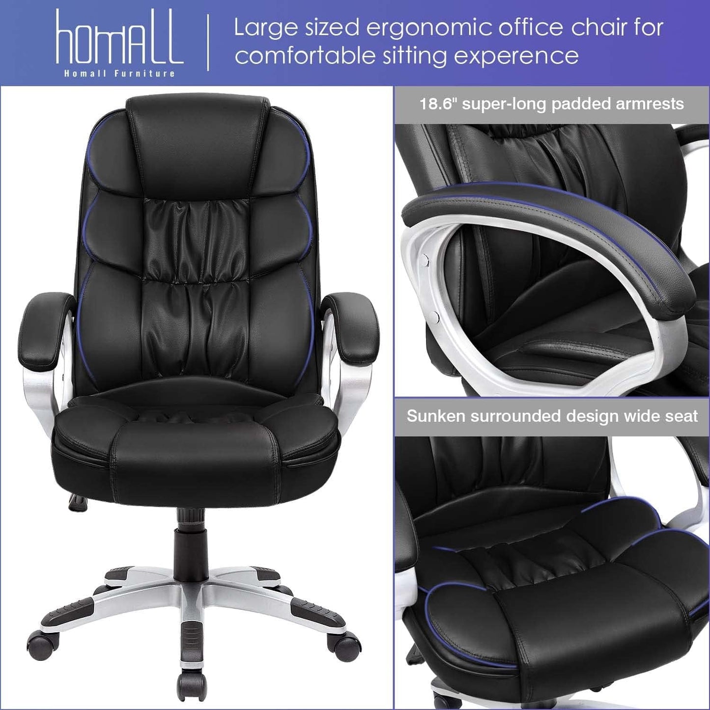 Black PU Leather Office Chair With Adjustable Height And Lumbar Support