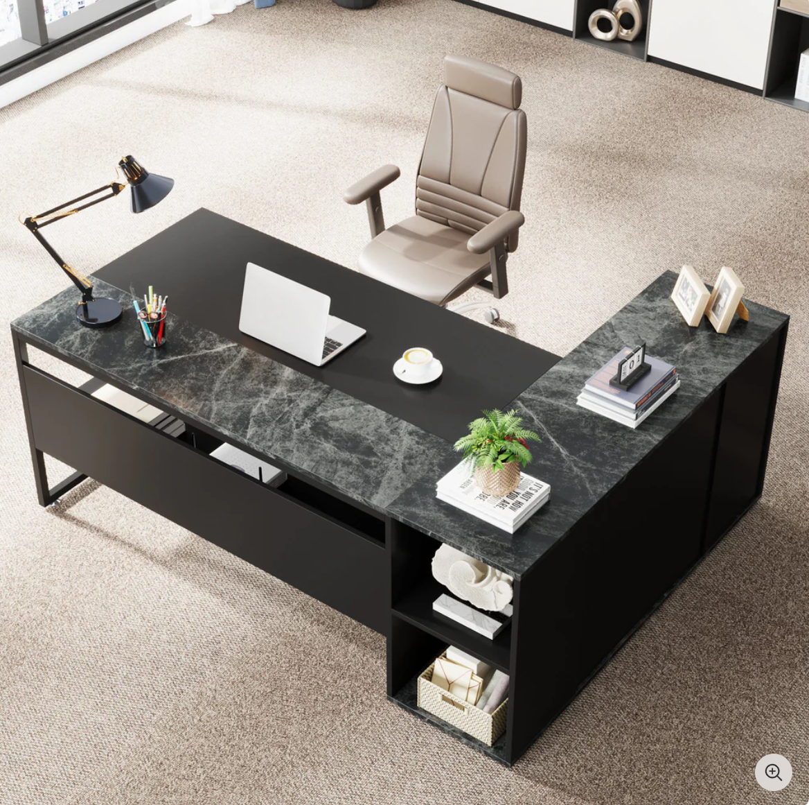 71" L-Shaped Executive Desk with Storage Cabinet & Shelves