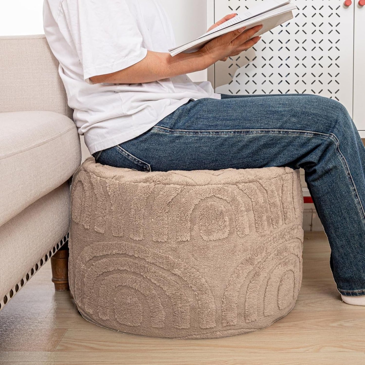 Khaki Round Ottoman Pouf 20x20x14 Inches Luxurious