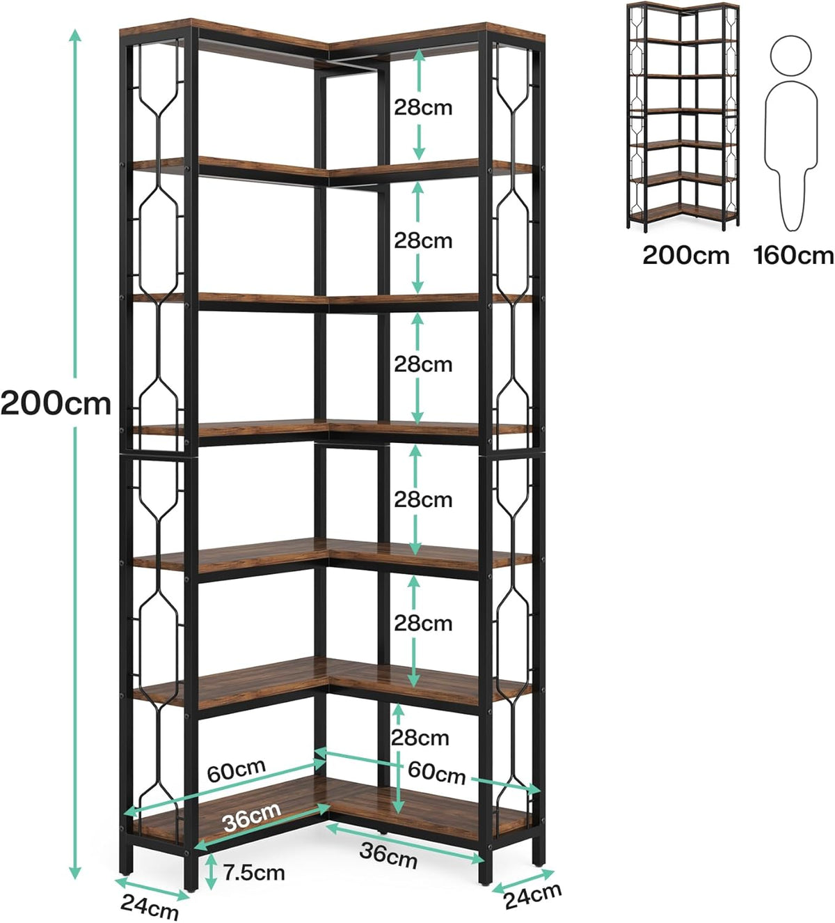Stylish 7-Tier Industrial Corner Bookshelf